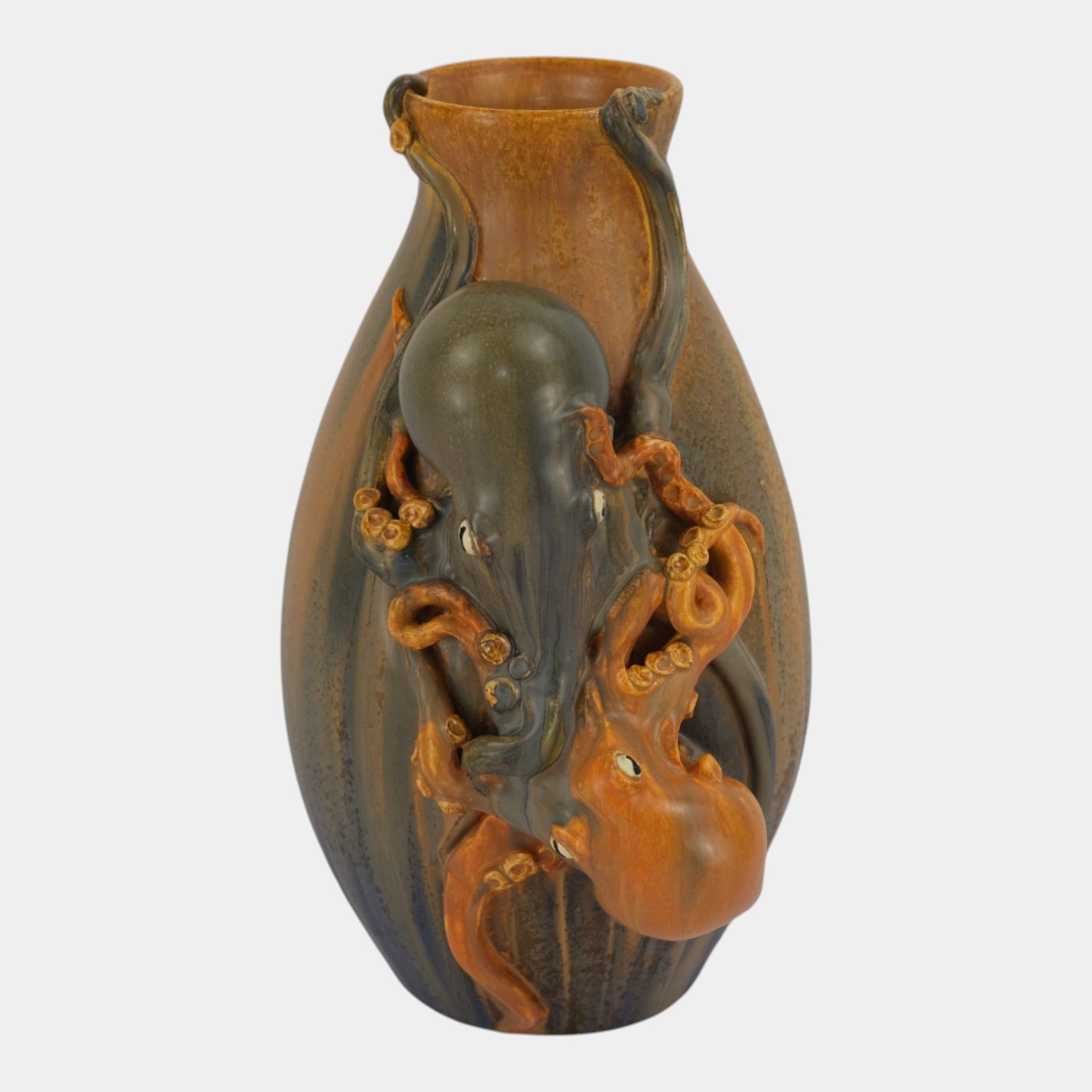 Ephraim Faience 2026 Art Pottery "Dueling Octopi" Orange Green Massive Double Octopus Vase (1 of 7)