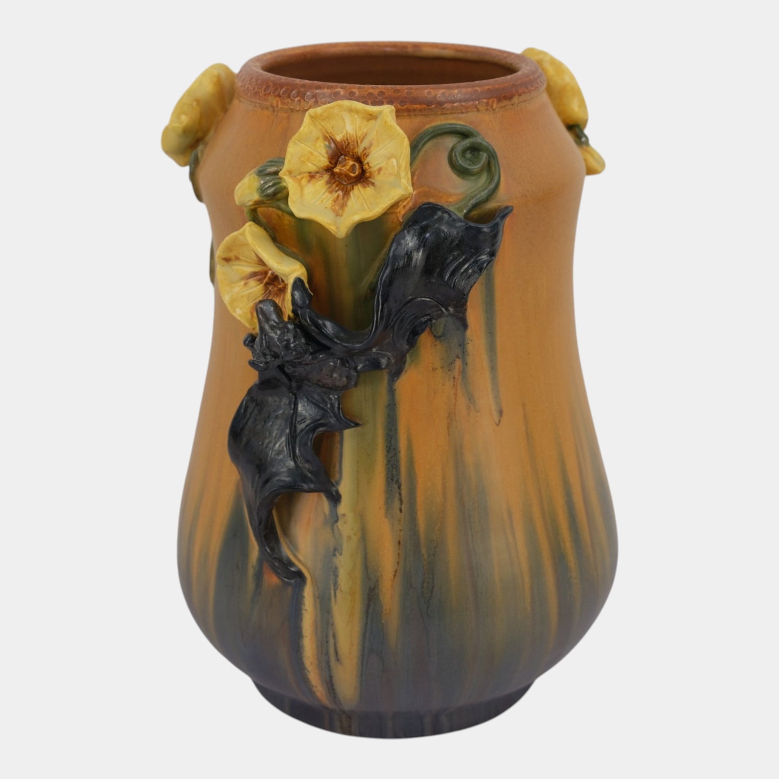Ephraim Faience 2025 "Dusk & Dawn" Pot Of The Week Large Art Pottery Orange Bat Floral Vase: Professional, fast, and affordable in house shipping available for all items. For higher resolution images please visit bid.craftedauctions.com Ephraim Faience 2025 "Dusk & Dawn" Pot Of The Week Large