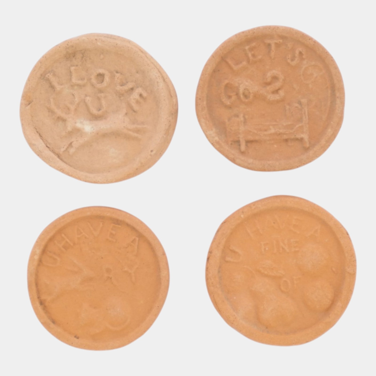 George Ohr Biloxi 1880s-1909 Studio Art Pottery Brown RisquÃ© Brothel Tokens Set Of 4 (1 of 2)