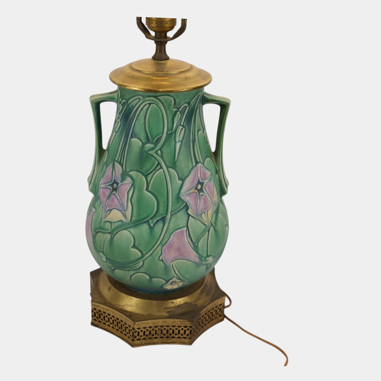 Roseville Morning Glory Green Vintage Art Pottery Ceramic Lamp 730-10: Professional, fast, and affordable in house shipping available for all items. For higher resolution images please visit bid.craftedauctions.com Roseville Morning Glory Green Vintage Art Pottery Cerami