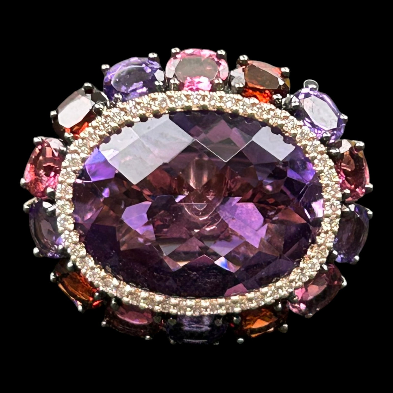 14K Rose Gold Amethyst Diamond Garnet Pink Tourmaline Halo Cocktail Ring Multi-Gem Design: Professional, fast, and affordable in house shipping available for all items. For higher resolution images please visit bid.craftedauctions.com 14K Rose Gold Amethyst Diamond Garnet Pink Tourmaline Ha