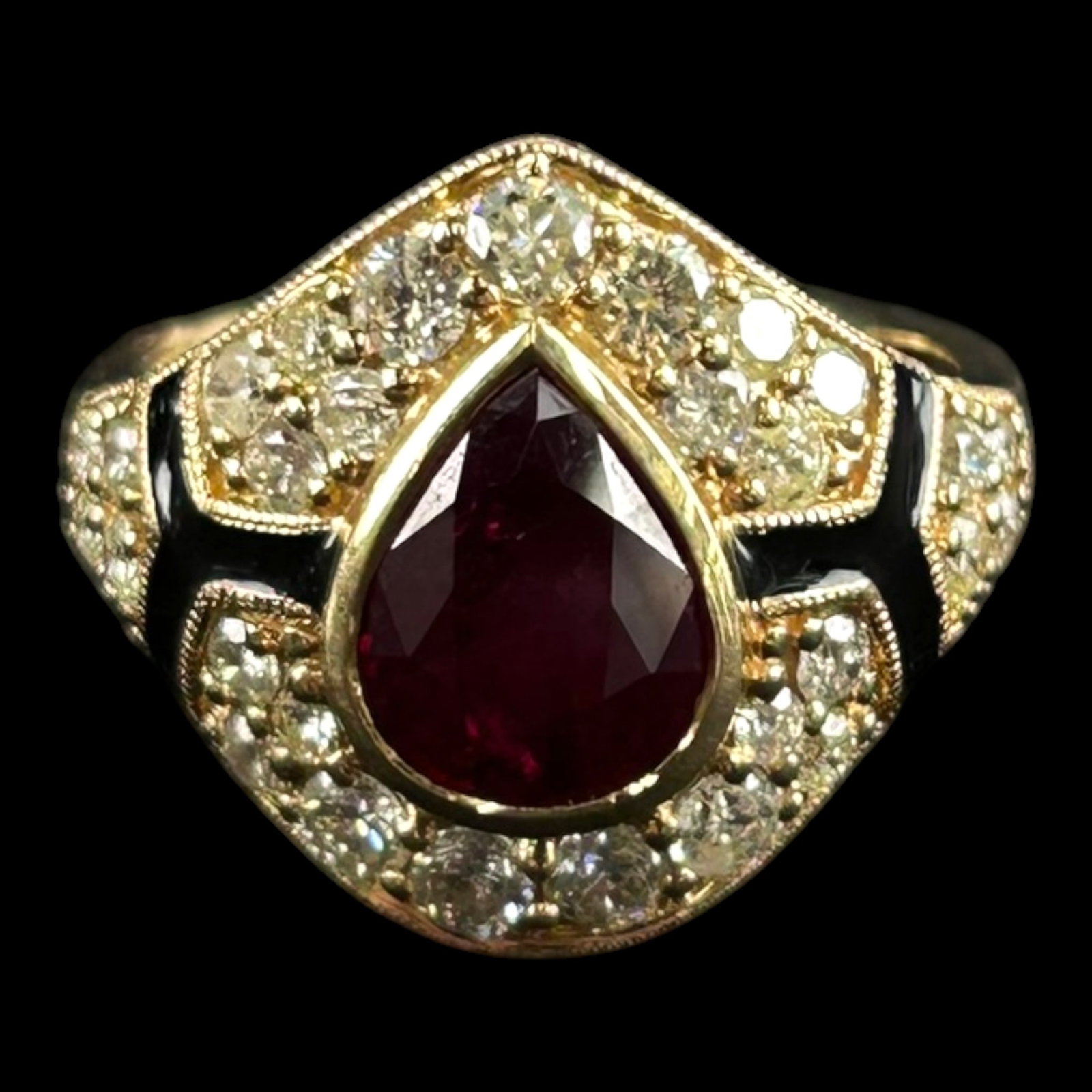 Oscar Friedman 18K Yellow Gold 2.35ct Pear Ruby Diamond Black Enamel Cocktail Ring (1 of 8)