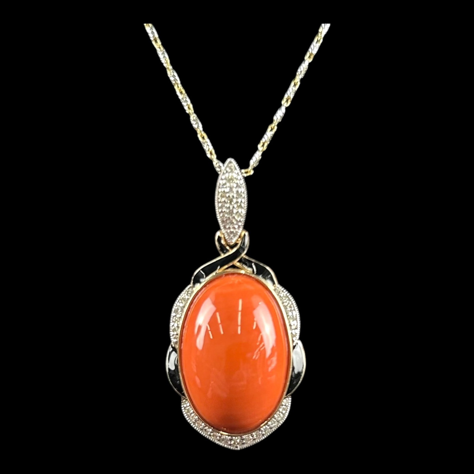 Gady Shemesh 14K White Yellow Gold 15.22ct Coral Cabochon & Diamond Necklace: Professional, fast, and affordable in house shipping available for all items. For higher resolution images please visit bid.craftedauctions.com Strikingly elegant, this Gady Shemesh 14K white and yell