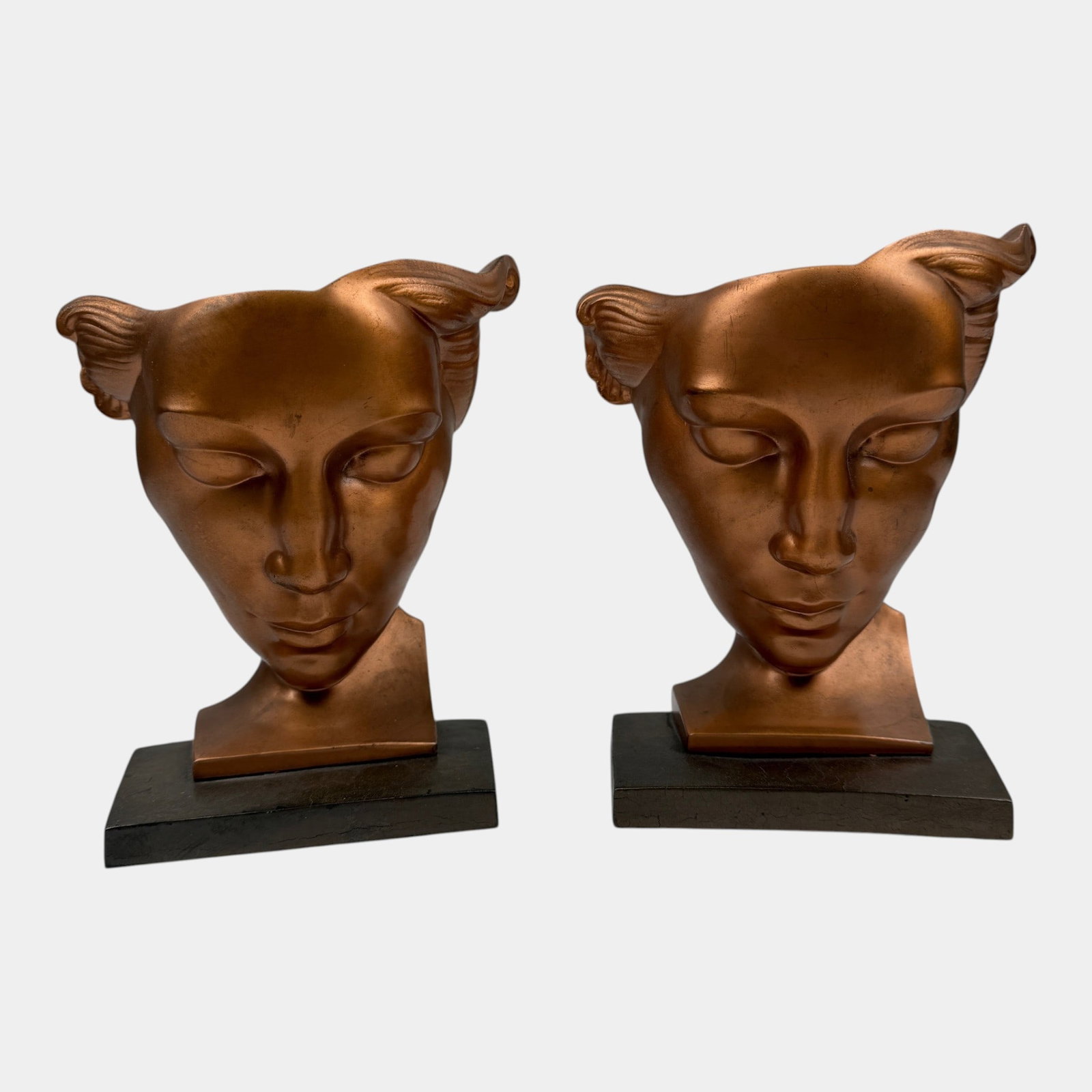 Frankart 1920s Copper-Tone Metal Art Deco Nymph Face Sculpted Figural Bookends: Professional, fast, and affordable in house shipping available for all items. For higher resolution images please visit bid.craftedauctions.com Frankart 1920s Copper-Tone Metal Art Deco Nymph Face Scu