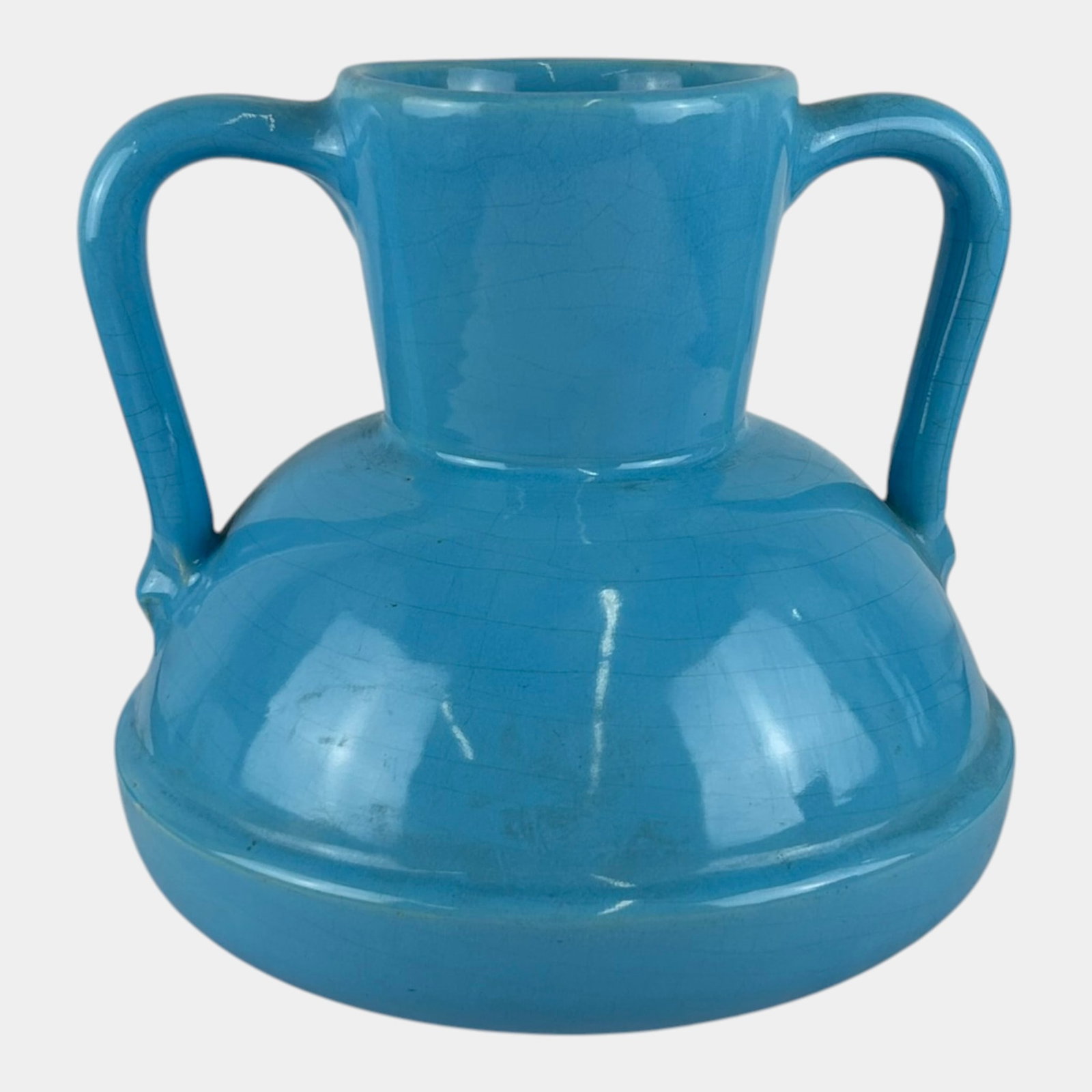 Catalina Island California Pottery 1930s Turquoise Blue Art Deco Double Handled Ceramic Vase: Professional, fast, and affordable in house shipping available for all items. For higher resolution images please visit bid.craftedauctions.com Catalina Island California Pottery 1930s Turquoise Blue 
