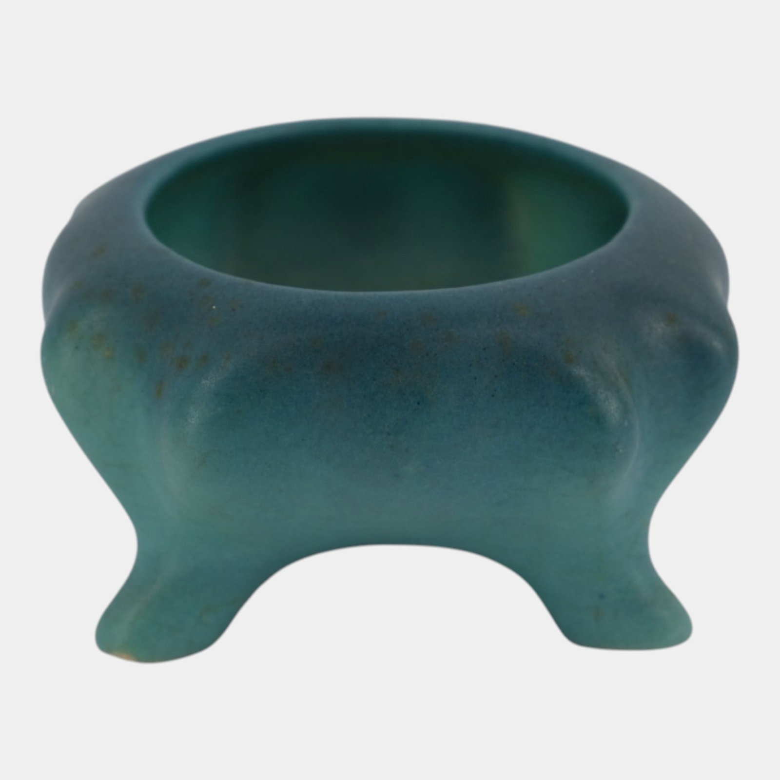 Van Briggle 1940s Mid Century Modern Matte Turquoise Four Legged Art Pottery Planter Jardiniere: Professional, fast, and affordable in house shipping available for all items. For higher resolution images please visit bid.craftedauctions.com Van Briggle 1940s Mid Century Modern Matte Turquoise Fou