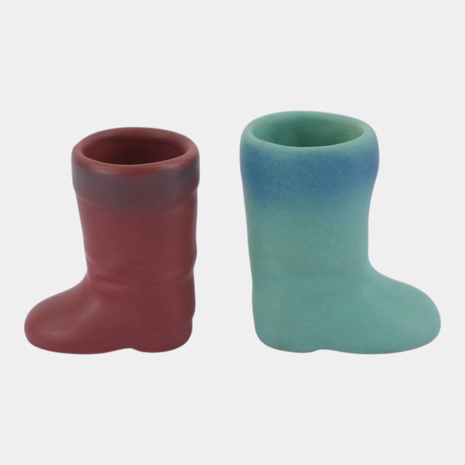 Van Briggle Mid Century Prairie Rose Red And Ming Blue Boots Bud Vases: Professional, fast, and affordable in house shipping available for all items. For higher resolution images please visit bid.craftedauctions.com Van Briggle Mid Century Prairie Rose Red And Ming Blue B