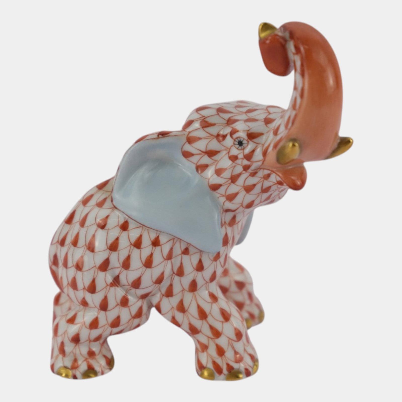 Herend Hungarian Hand Painted Fishnet Pattern Porcelain Trunk Up Charging Elephant Figurine: Professional, fast, and affordable in house shipping available for all items. For higher resolution images please visit bid.craftedauctions.com Herend Hungarian Hand Painted Fishnet Pattern Porcelain 