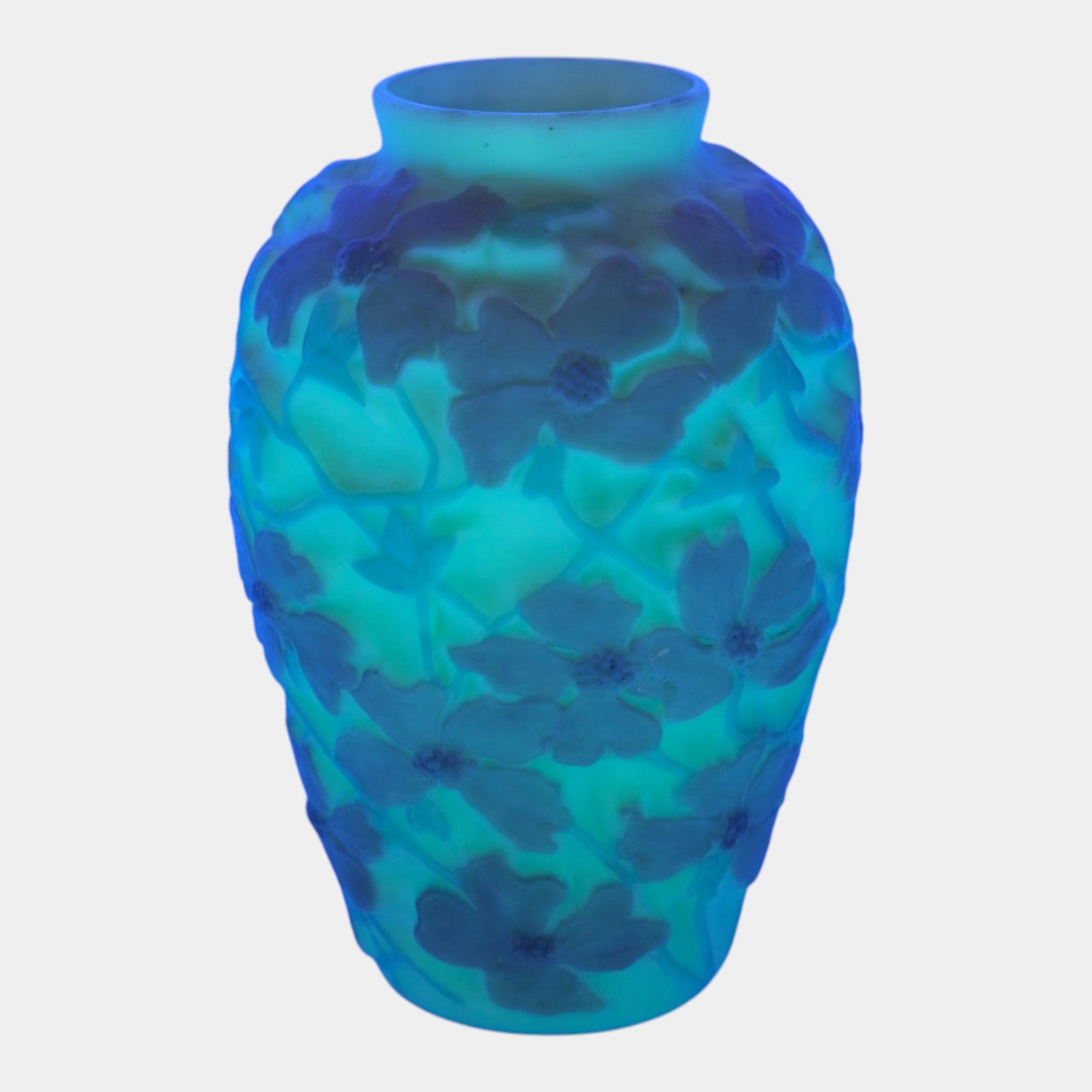 Consolidated Glass Co. Tri-Colored Orange Green Dogwood In Relief Decorated Uranium Custard Glass: Professional, fast, and affordable in house shipping available for all items. For higher resolution images please visit bid.craftedauctions.com Consolidated Glass Co. Tri-Colored Orange Green Dogwood 