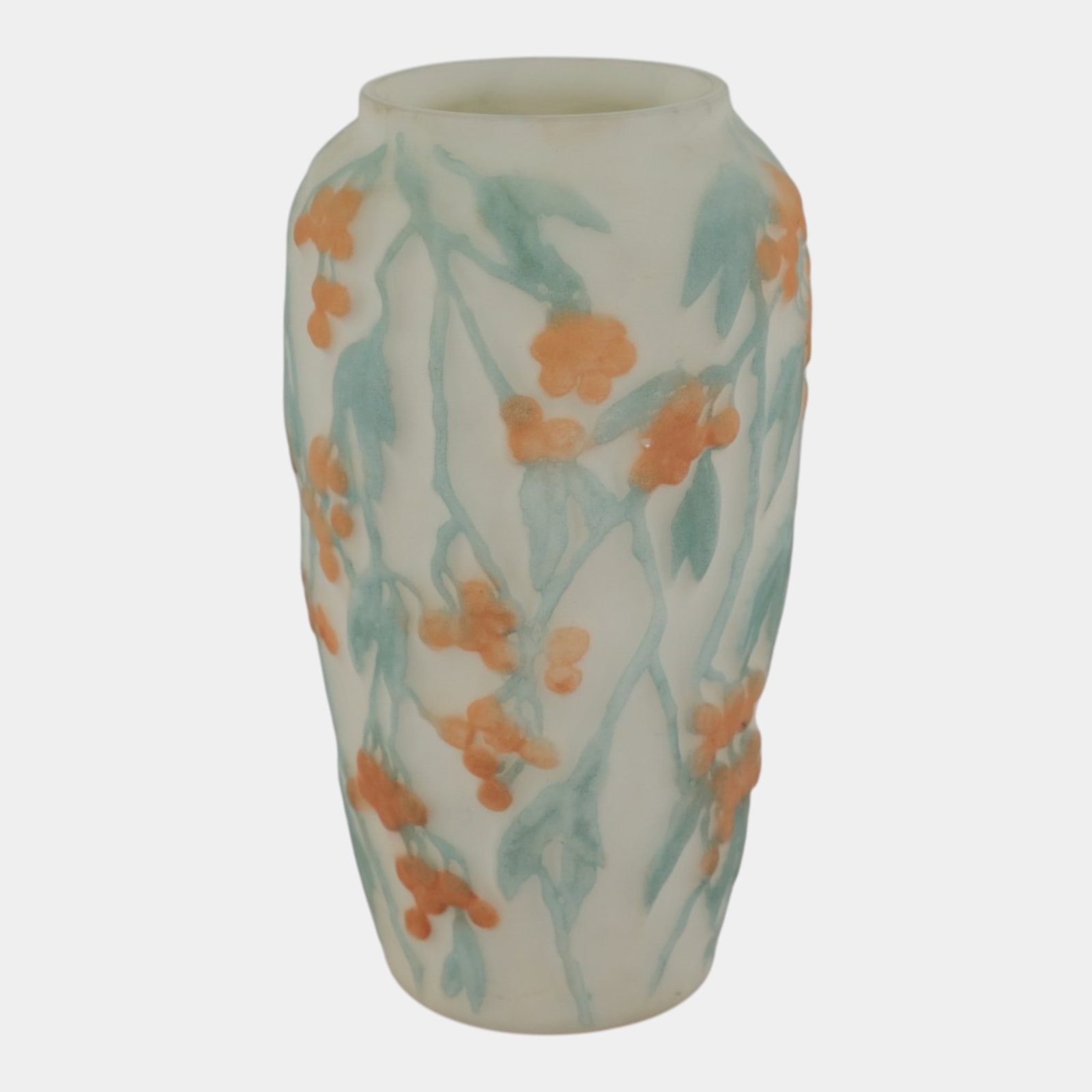 Consolidated Glass Co. Tri-Colored Orange Green Bittersweet In Relief Decorated Glass Vase: Professional, fast, and affordable in house shipping available for all items. For higher resolution images please visit bid.craftedauctions.com Consolidated Glass Co. Tri-Colored Orange Green Bittersw