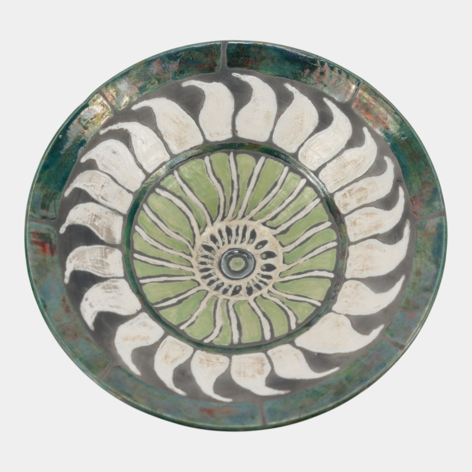 Raku Studio Art Pottery Modernist Abstract Floral Green White Wide Shallow Footed Bowl: Professional, fast, and affordable in house shipping available for all items. For higher resolution images please visit bid.craftedauctions.com Raku Studio Art Pottery Modernist Abstract Floral Green 