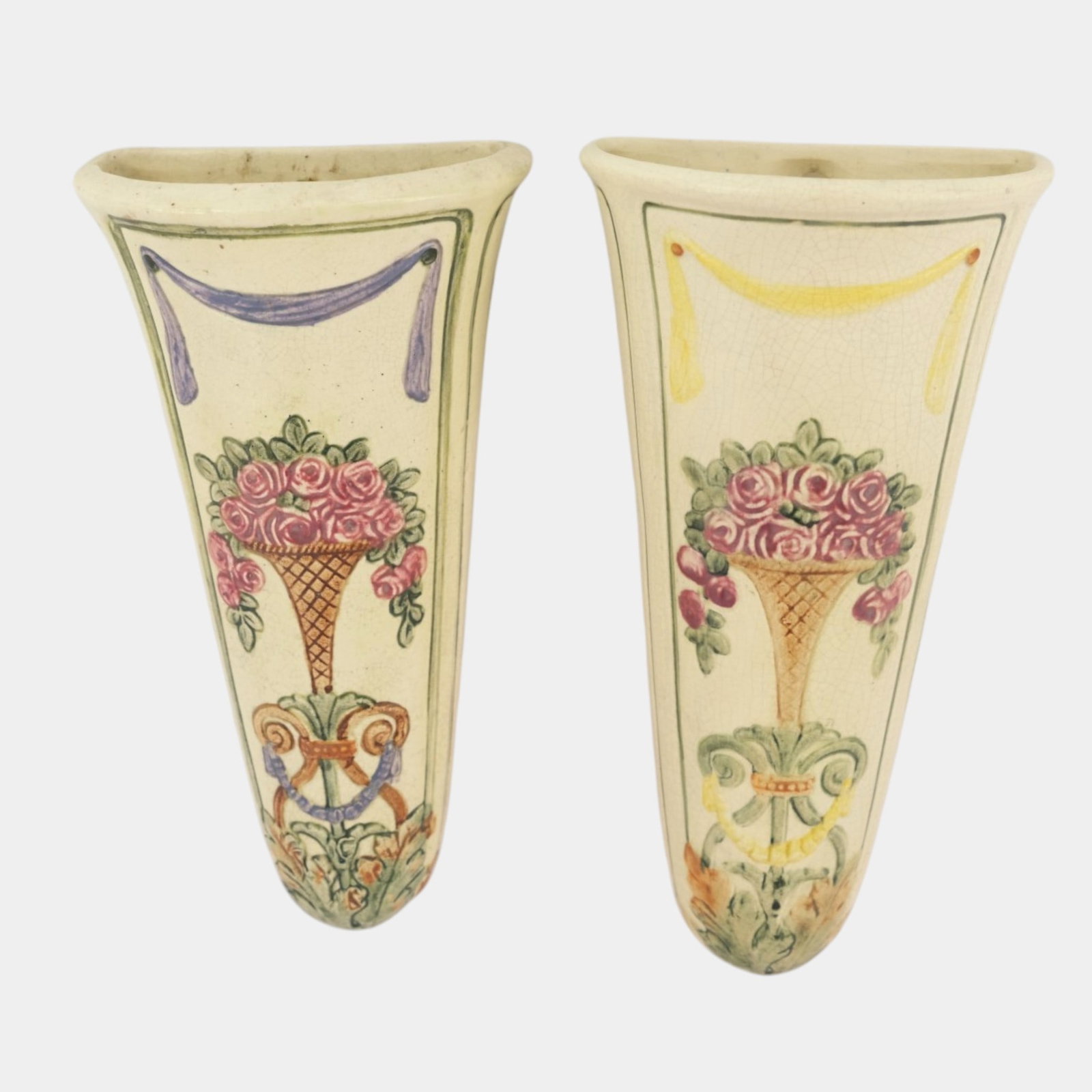 Weller Art Pottery 1920s Ivory Roma Floral Decorated Creamware Wall Pockets: Professional, fast, and affordable in house shipping available for all items. For higher resolution images please visit bid.craftedauctions.com Weller Art Pottery 1920s Ivory Roma Floral Decorated Cre