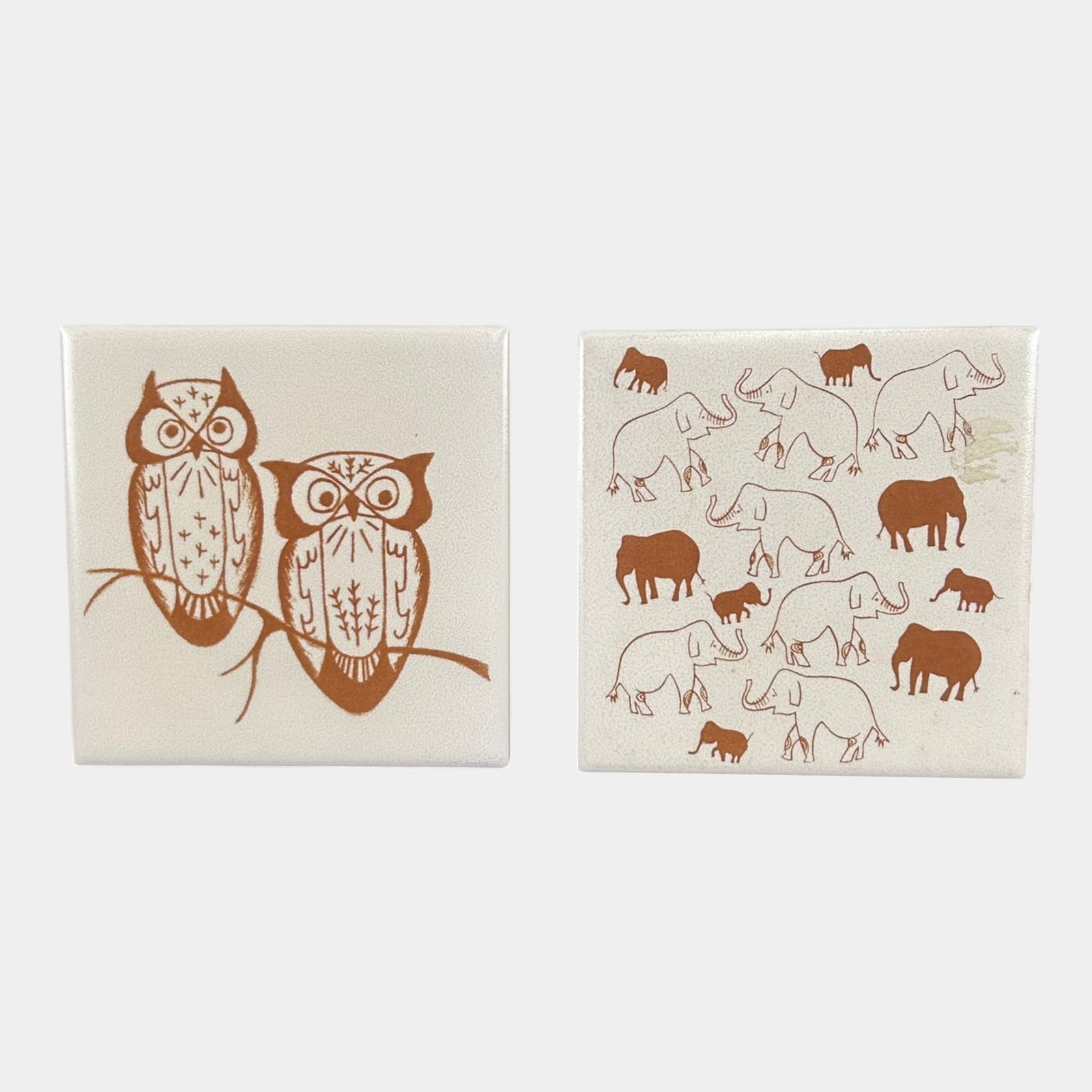 Mosaic Contemporary Mid Century Modern Stylized Owl & Elephant Decorative Ceramic Art Tiles Pair: Professional, fast, and affordable in house shipping available for all items. For higher resolution images please visit bid.craftedauctions.com Mosaic Contemporary Mid Century Modern Stylized Owl & El