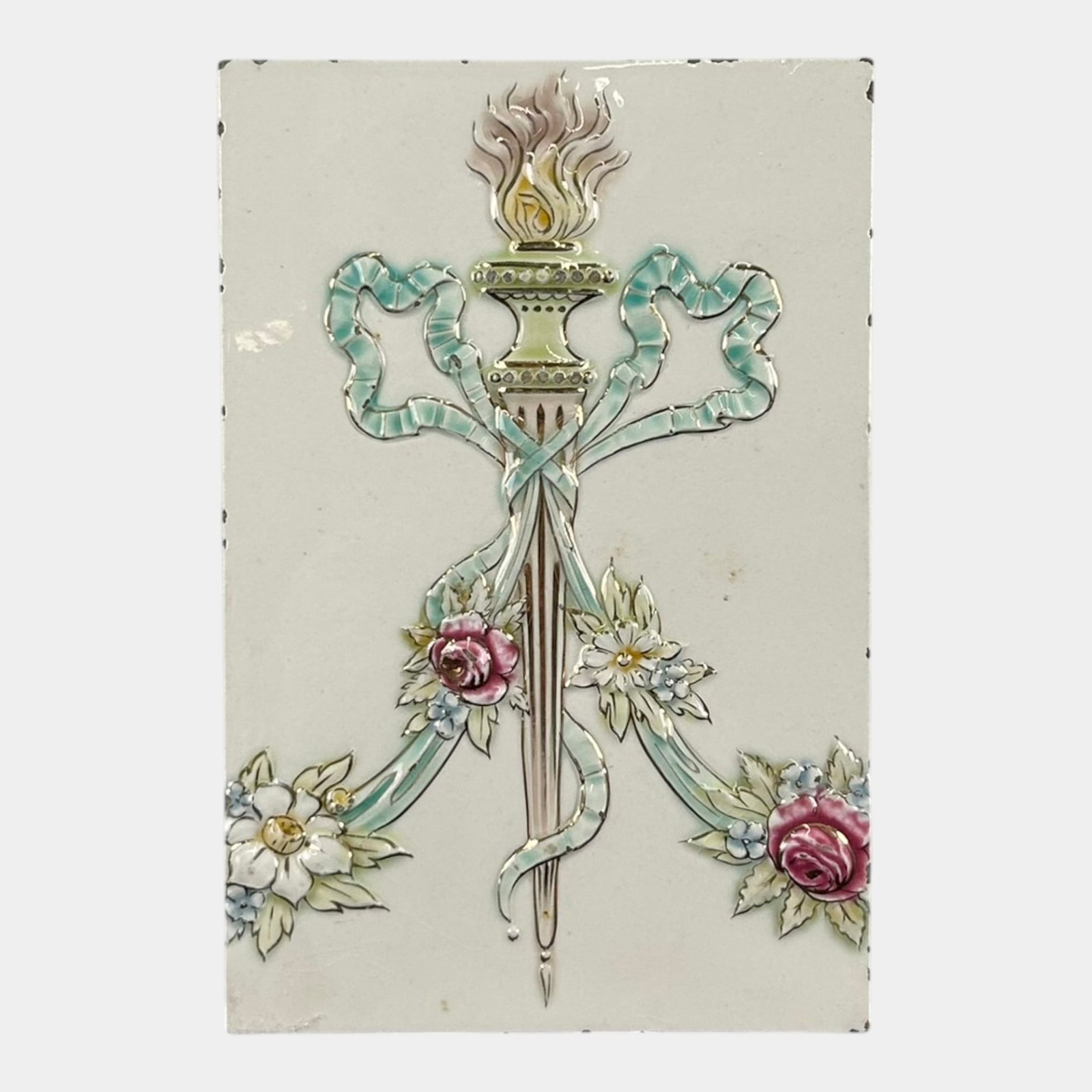 American Encaustic Tiling Co AETCO Arts And Crafts Torch & Floral Relief Ceramic Art Tile Plaque: Professional, fast, and affordable in house shipping available for all items. For higher resolution images please visit bid.craftedauctions.com American Encaustic Tiling Co AETCO Arts And Crafts Torch