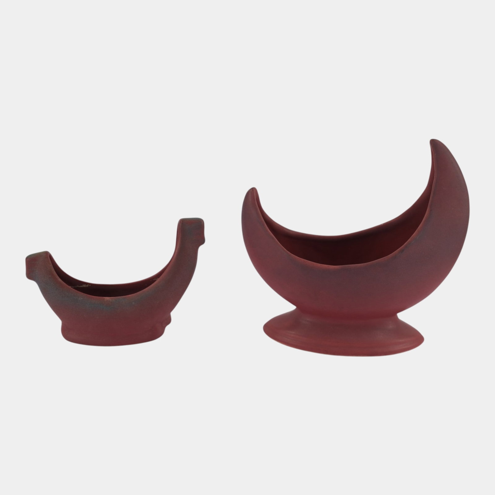 Van Briggle Mid Century Modern Matte Mulberry Crescent Moon & Gondola Boat Art Pottery Planter Pair: Professional, fast, and affordable in house shipping available for all items. For higher resolution images please visit bid.craftedauctions.com Van Briggle Mid Century Modern Matte Mulberry Crescent M