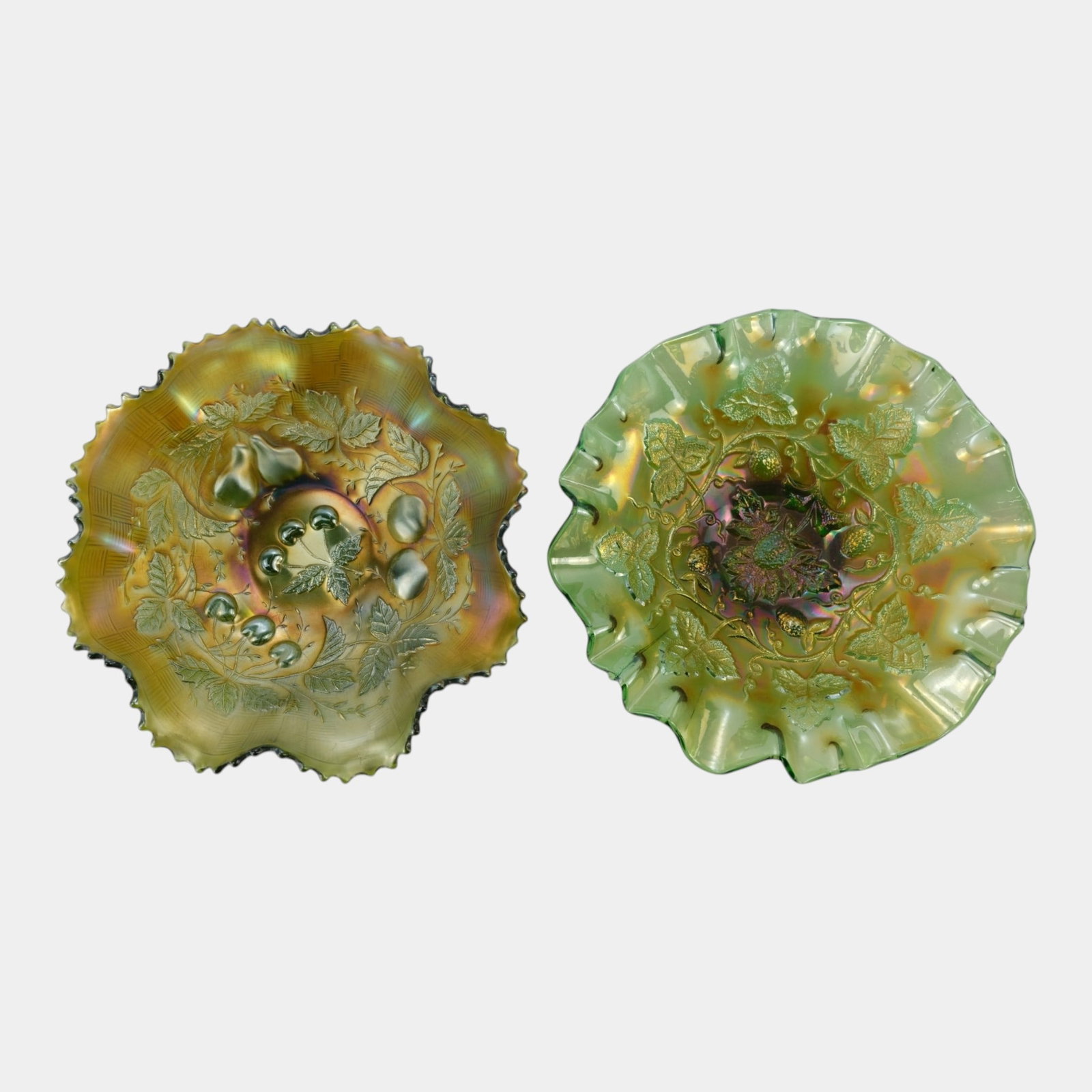 Northwood Three Fruits And Millersburg Blackberry Green Iridescent Carnival Glass Bowls: Professional, fast, and affordable in house shipping available for all items. For higher resolution images please visit bid.craftedauctions.com Northwood Three Fruits And Millersburg Blackberry Green 