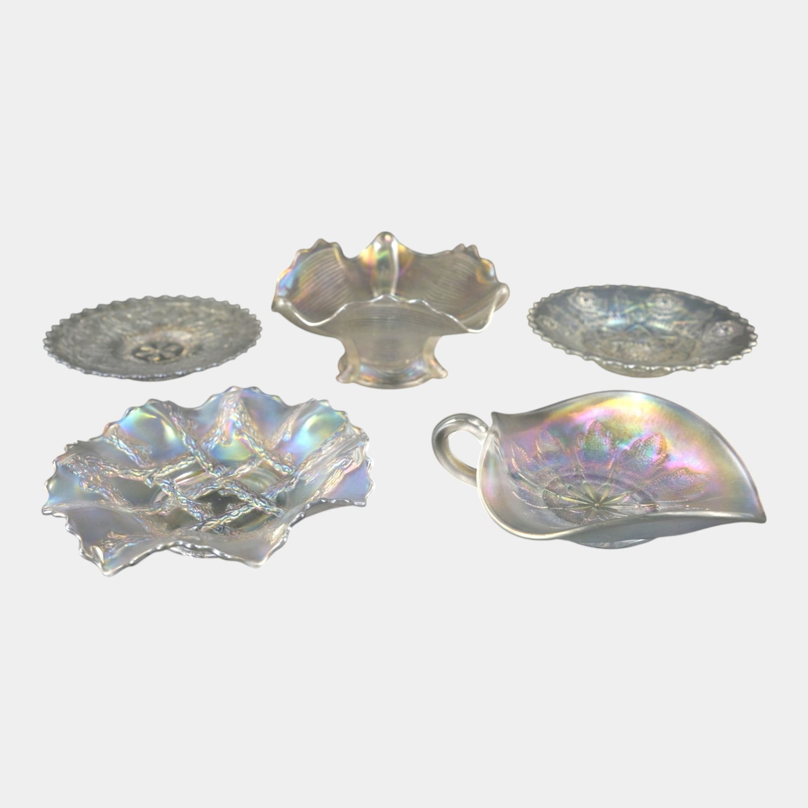 Dugan Grapevine Lattice, Persian Garden, & Leaf Rays & Other White Iridescent Carnival Glass Bowls (1 of 8)