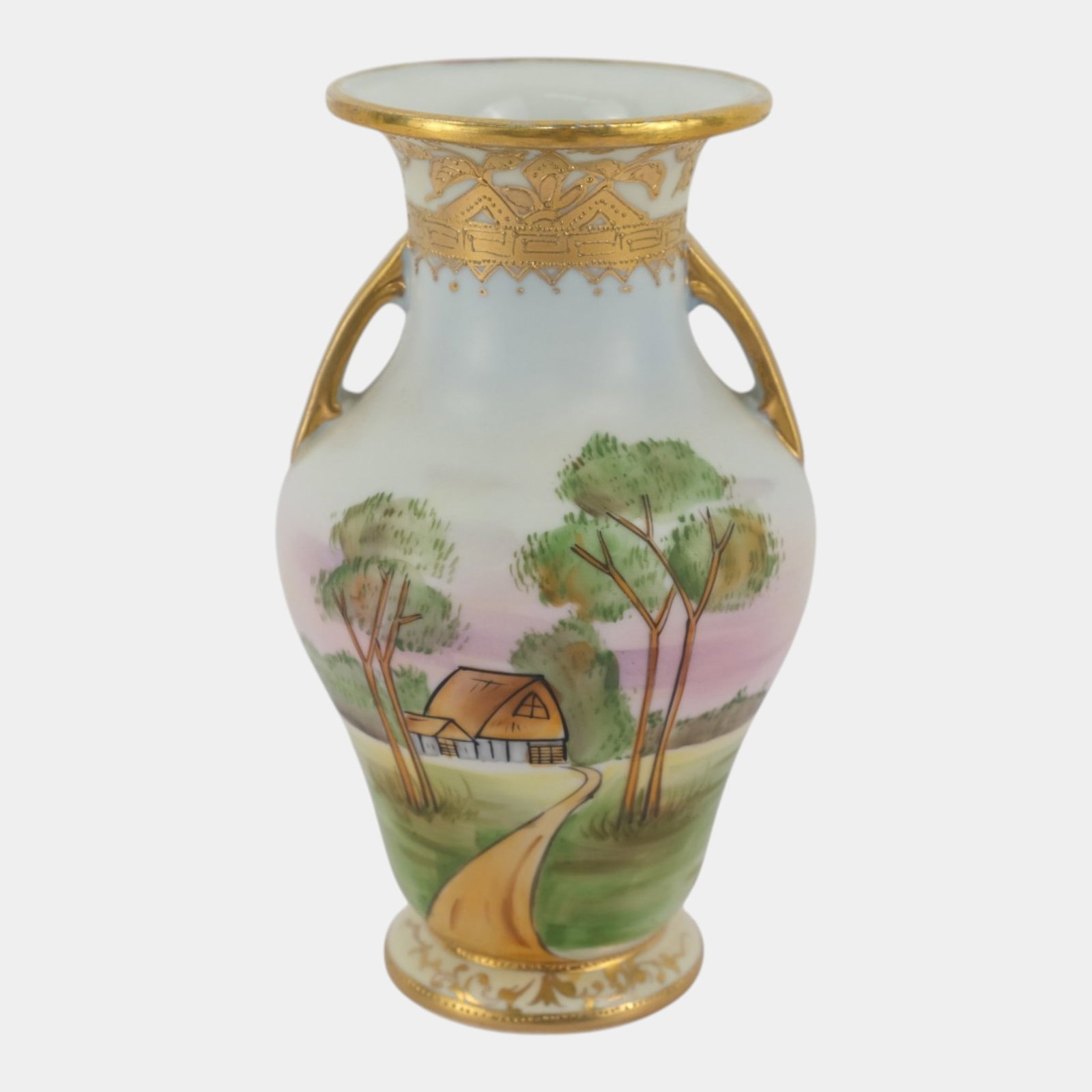 Nippon Hand Painted Scenic Farmhouse Landscape Gold Gilt Double Handled Ceramic Vase (1 of 6)