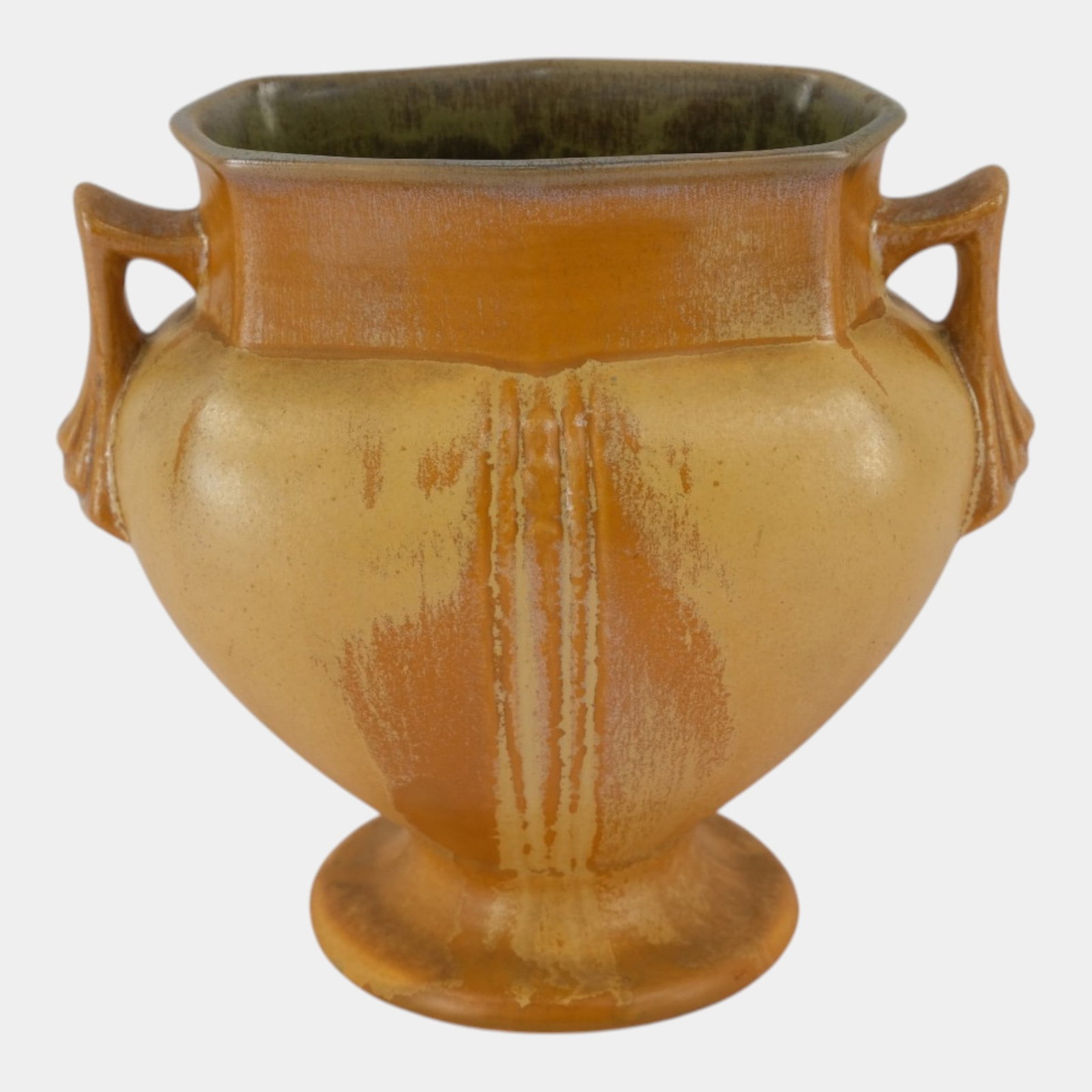 Roseville Pottery Russco 1934 Orange And Gold Art Deco Vase 108-6: Professional, fast, and affordable in house shipping available for all items. For higher resolution images please visit bid.craftedauctions.com Roseville Pottery Russco 1934 Orange And Gold Art Deco V