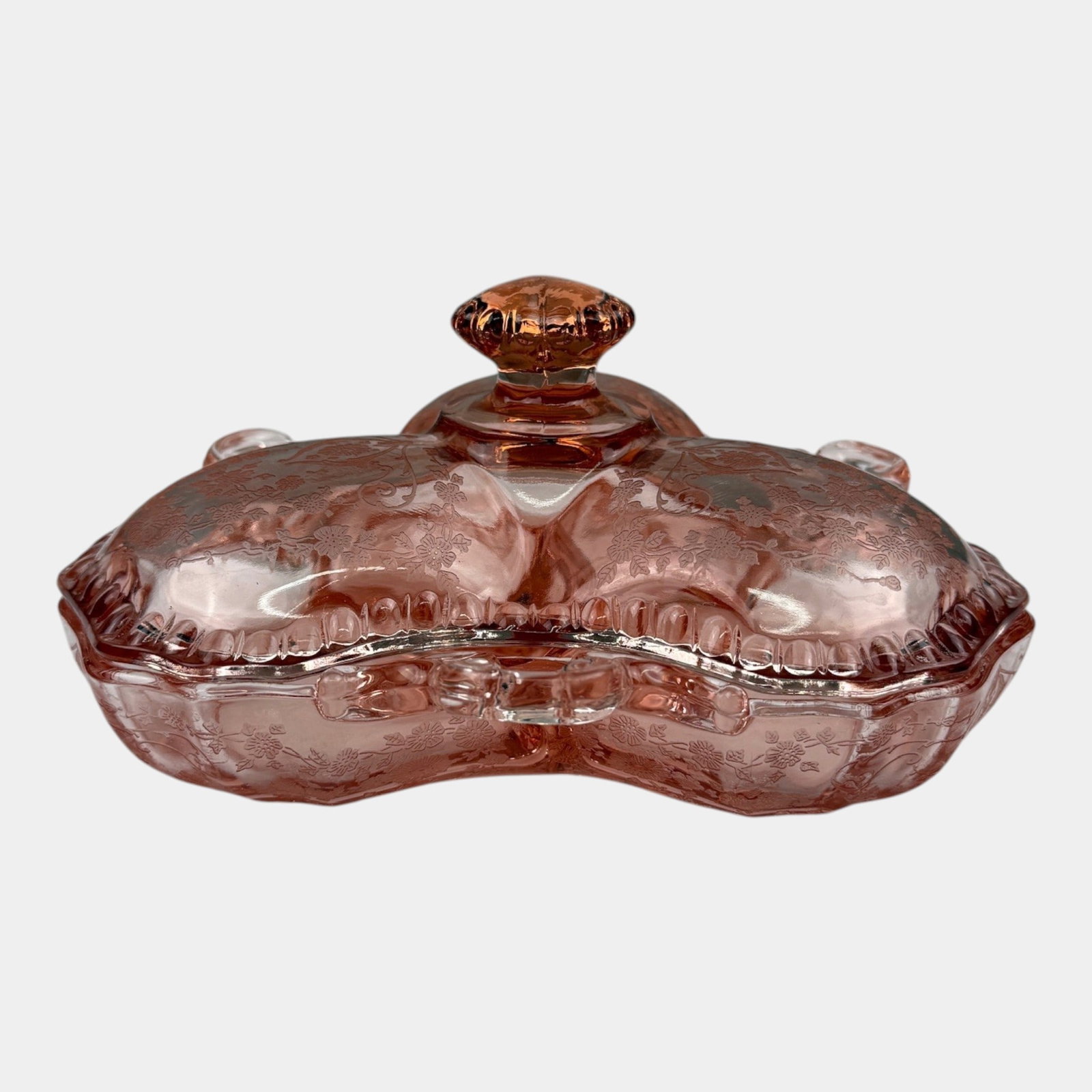Cambridge Glass Co. 1930s Elegant Etched "Apple Blossom" Three Part Divided Pink Glass Relish Dish (1 of 5)