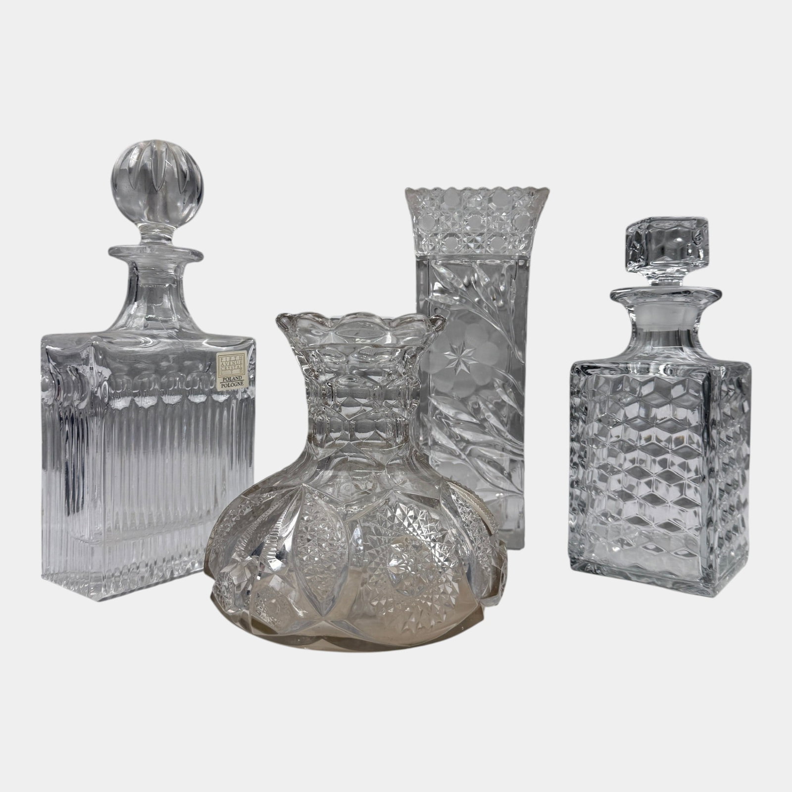 Cut Crystal Decanter Carafe & Vase Collection Square Hobstar Pattern Glass Four Pieces: Professional, fast, and affordable in house shipping available for all items. For higher resolution images please visit bid.craftedauctions.com Cut Crystal Decanter Carafe & Vase Collection Square Hob