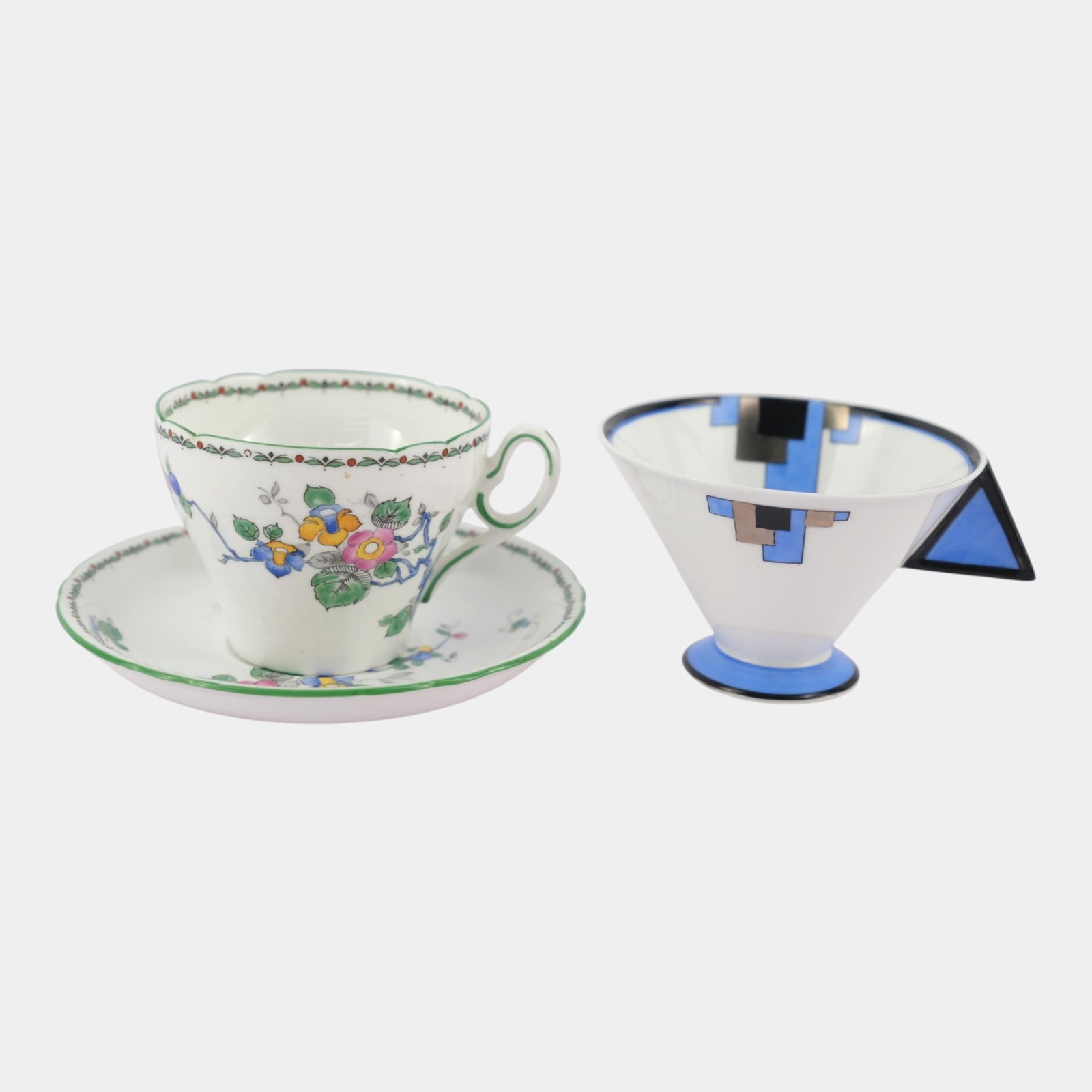 Shelley English Bone China Art Deco Vouge Shape Teacup & Floral Cup And Saucer: Professional, fast, and affordable in house shipping available for all items. For higher resolution images please visit bid.craftedauctions.com Shelley English Bone China Art Deco Vouge Shape Teacup &