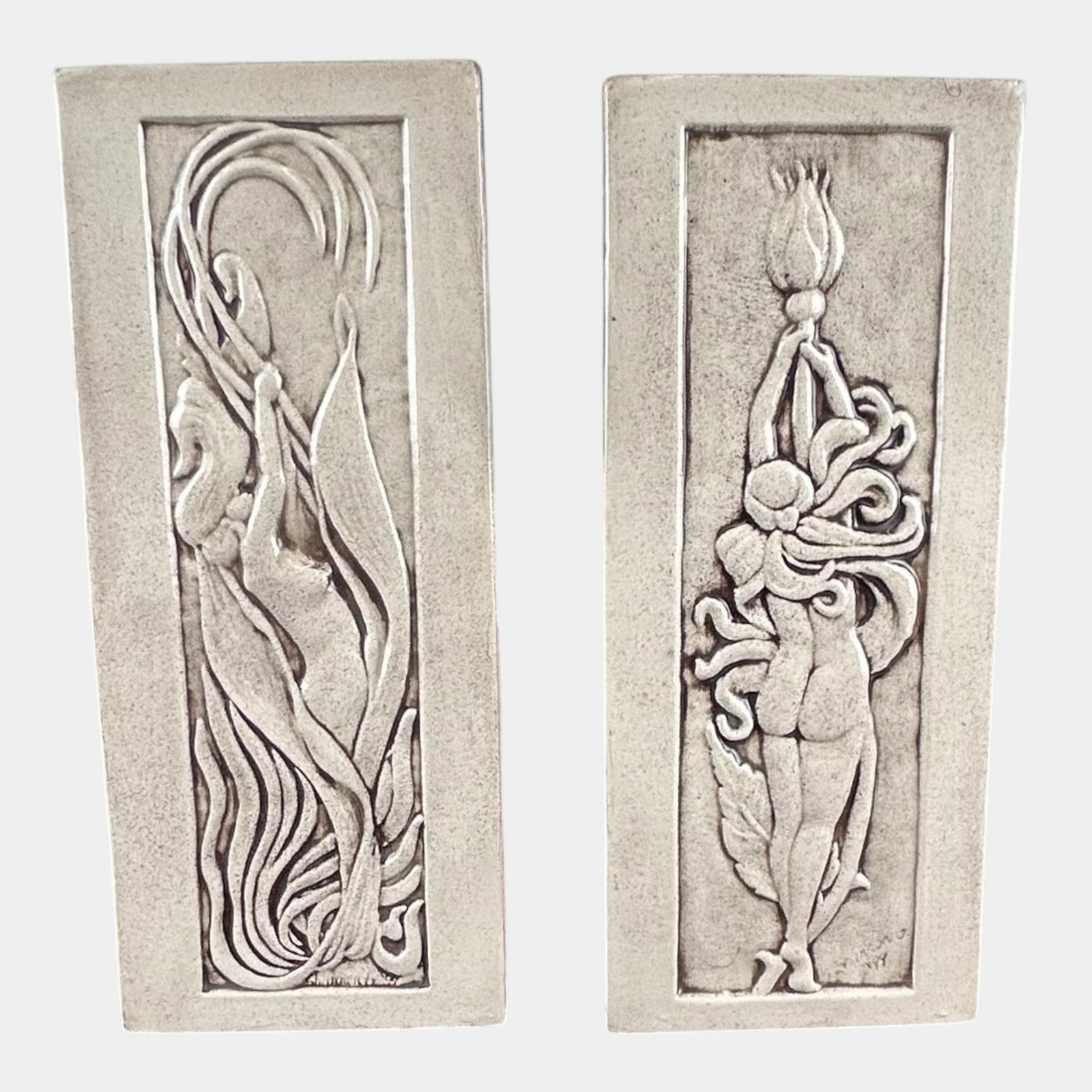 Earth Song Canadian Art Pottery Art Nouveau Nude Female Figural Relief Ceramic Tile Plaques Pair: Professional, fast, and affordable in house shipping available for all items. For higher resolution images please visit bid.craftedauctions.com Earth Song Canadian Art Pottery Art Nouveau Nude Female 