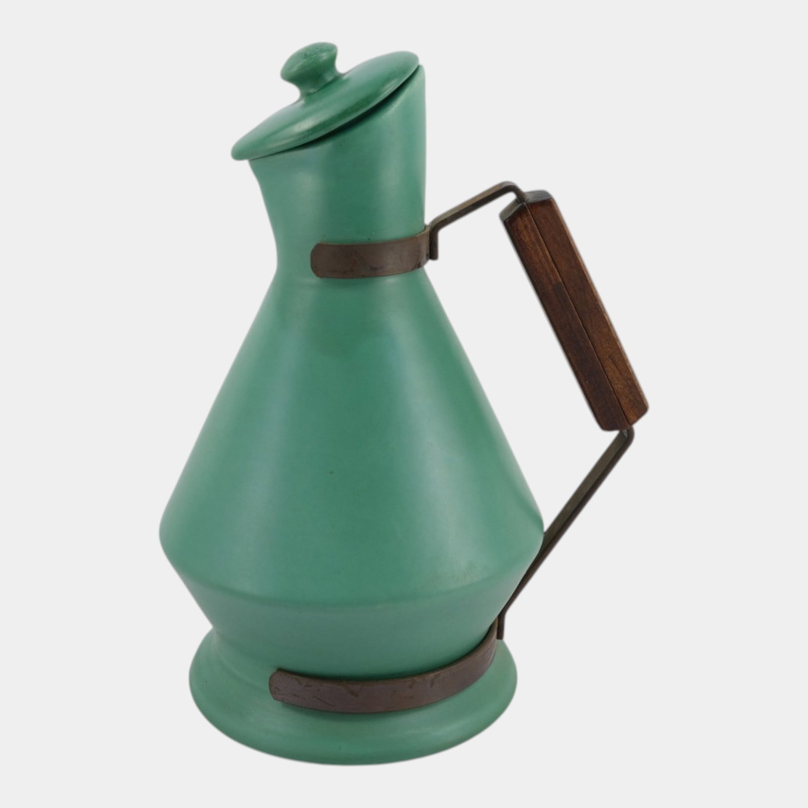 Catalina Island California Art Pottery Matte Green Metal Wood Handled Pitcher With Lid: Professional, fast, and affordable in house shipping available for all items. For higher resolution images please visit bid.craftedauctions.com Catalina Island California Art Pottery Matte Green Metal