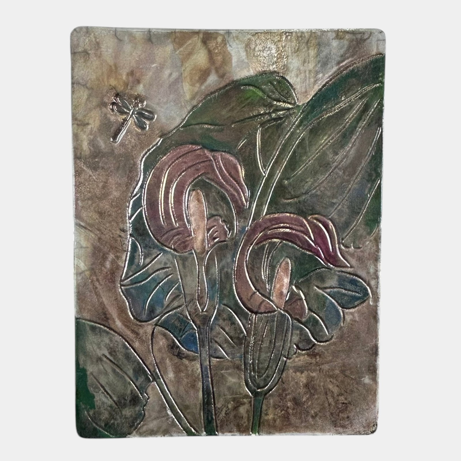 Studio Art Pottery Iridescent Jack-in-the-Pulpit Floral Ceramic Tile Wall Plaque Botanical: Professional, fast, and affordable in house shipping available for all items. For higher resolution images please visit bid.craftedauctions.com Studio Art Pottery Iridescent Jack-in-the-Pulpit Floral 