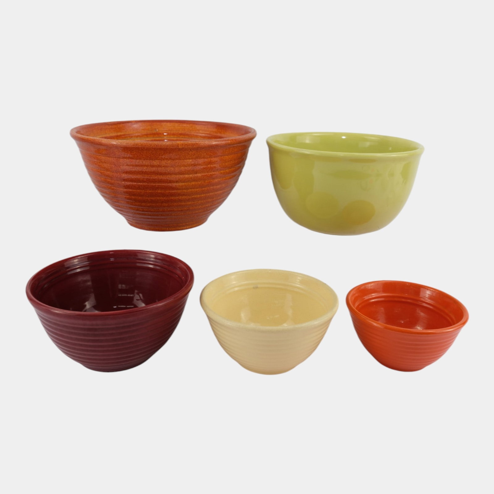 Bauer Pottery California Ringware Mixing Bowl Collection Orange, Yellow & Maroon Five Pieces: Professional, fast, and affordable in house shipping available for all items. For higher resolution images please visit bid.craftedauctions.com Bauer Pottery California Ringware Mixing Bowl Collection