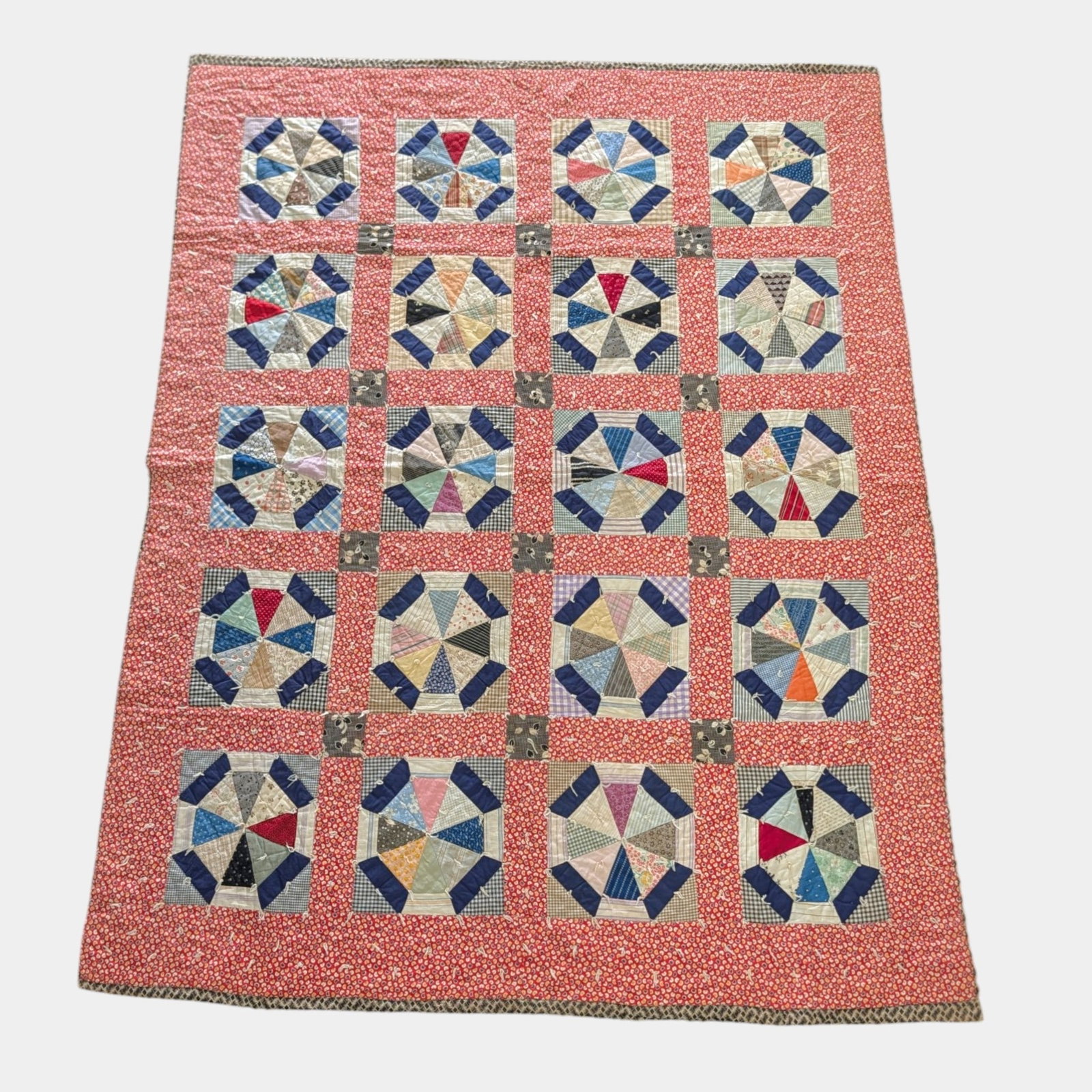 Antique Hand Stitched Windmill Pieced Patchwork Quilt In Red Blue & White Fabrics (1 of 9)