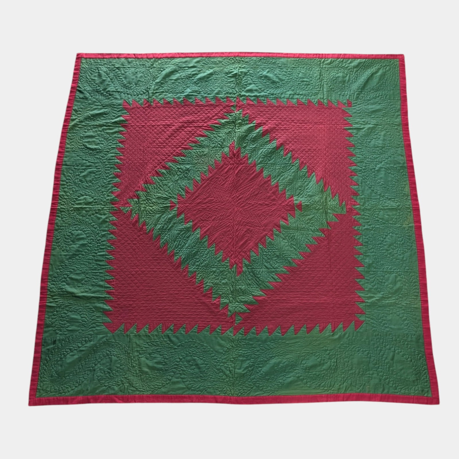 Antique Hand Stitched Red & Green Geometric Pieced Patchwork Square Quilt With Sawtooth Border: Professional, fast, and affordable in house shipping available for all items. For higher resolution images please visit bid.craftedauctions.com Antique Hand Stitched Red & Green Geometric Pieced Patch