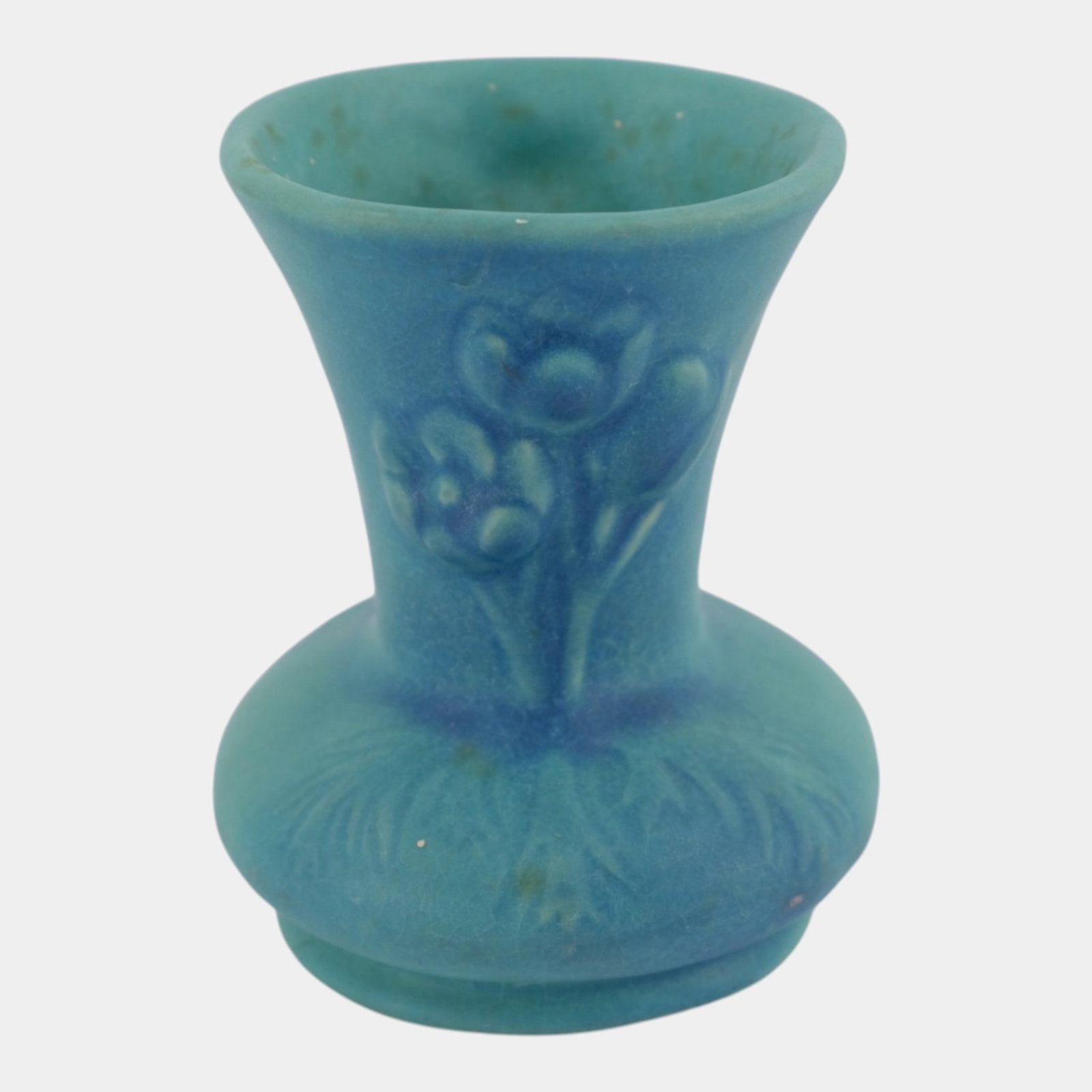 Van Briggle 1950s Mid Century Modern Ming Blue Floral Relief Art Pottery Cabinet Bud Vase: Professional, fast, and affordable in house shipping available for all items. For higher resolution images please visit bid.craftedauctions.com Van Briggle 1950s Mid Century Modern Ming Blue Floral Re