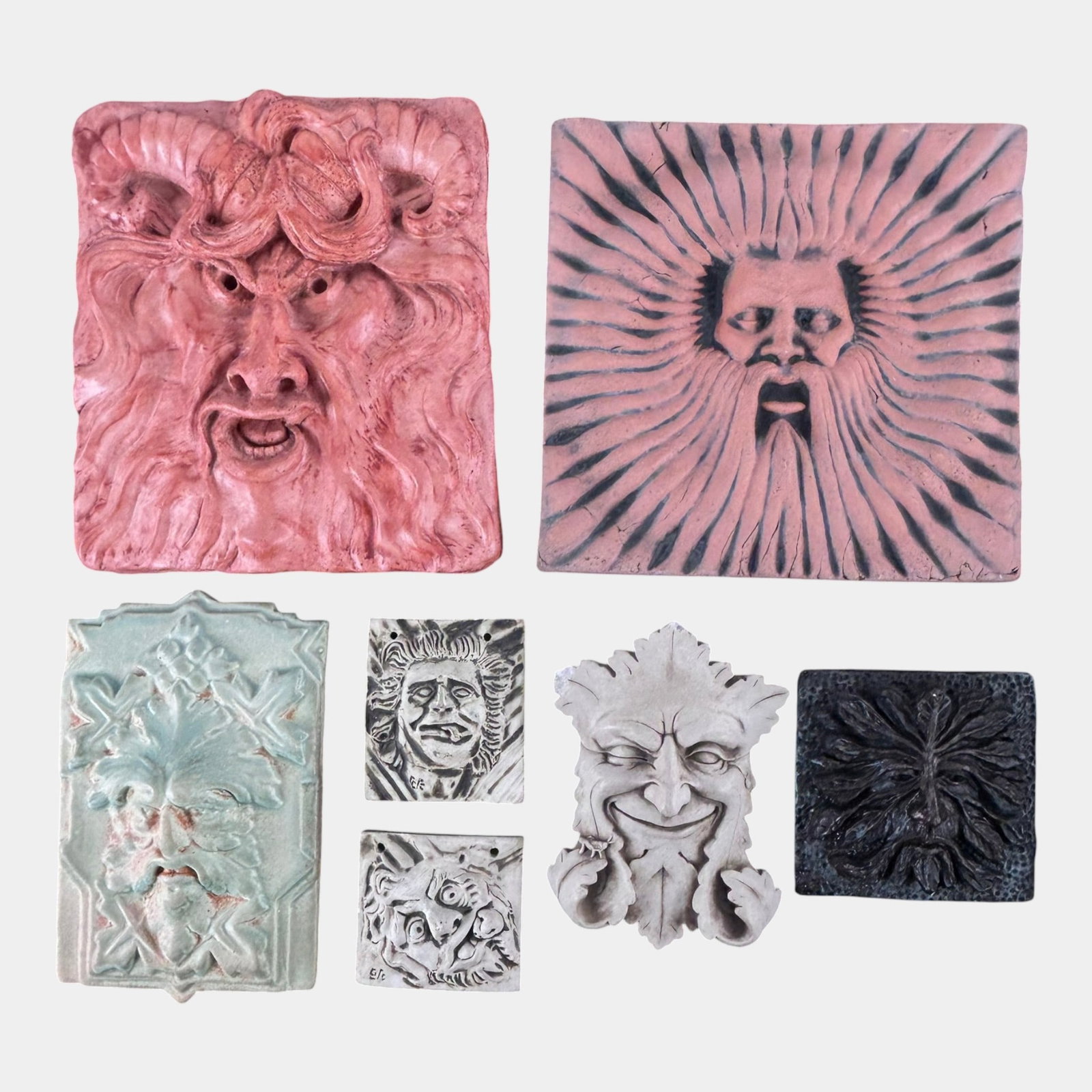 Ellison, Tyge, & Other Contemporary Studio Art Pottery Green Man & Mythical Face Wall Plaques: Professional, fast, and affordable in house shipping available for all items. For higher resolution images please visit bid.craftedauctions.com Ellison, Tyge, & Other Contemporary Studio Art Pottery G