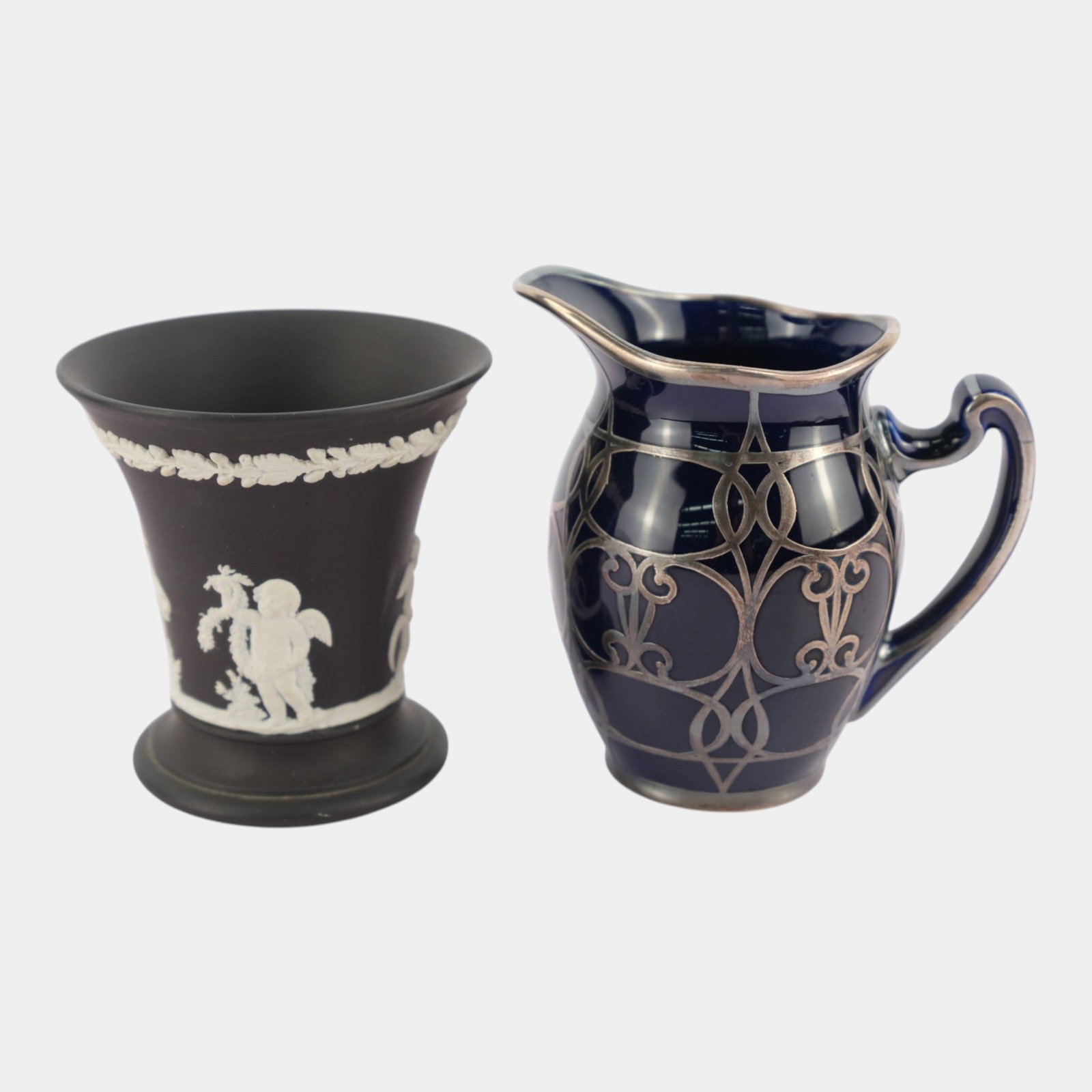 Wedgwood Black Jasperware Four Seasons Vase & Lenox Silver Overlay Cobalt Blue Pitcher (1 of 5)