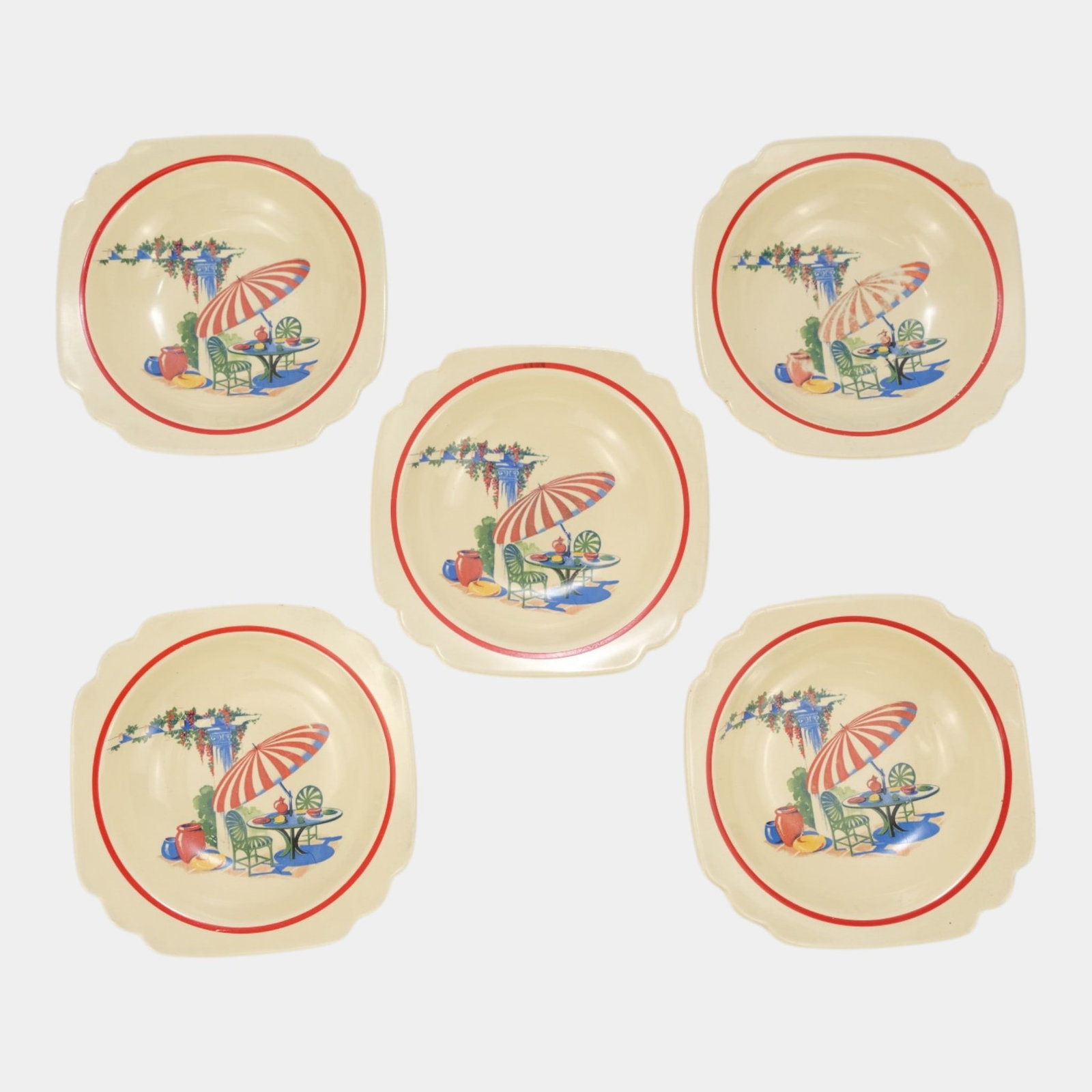 Homer Laughlin 1930s Art Deco White Red Band Sun Porch Pattern Small Umbrella Bowls: Professional, fast, and affordable in house shipping available for all items. For higher resolution images please visit bid.craftedauctions.com Homer Laughlin 1930s Art Deco White Red Band Sun Porch P