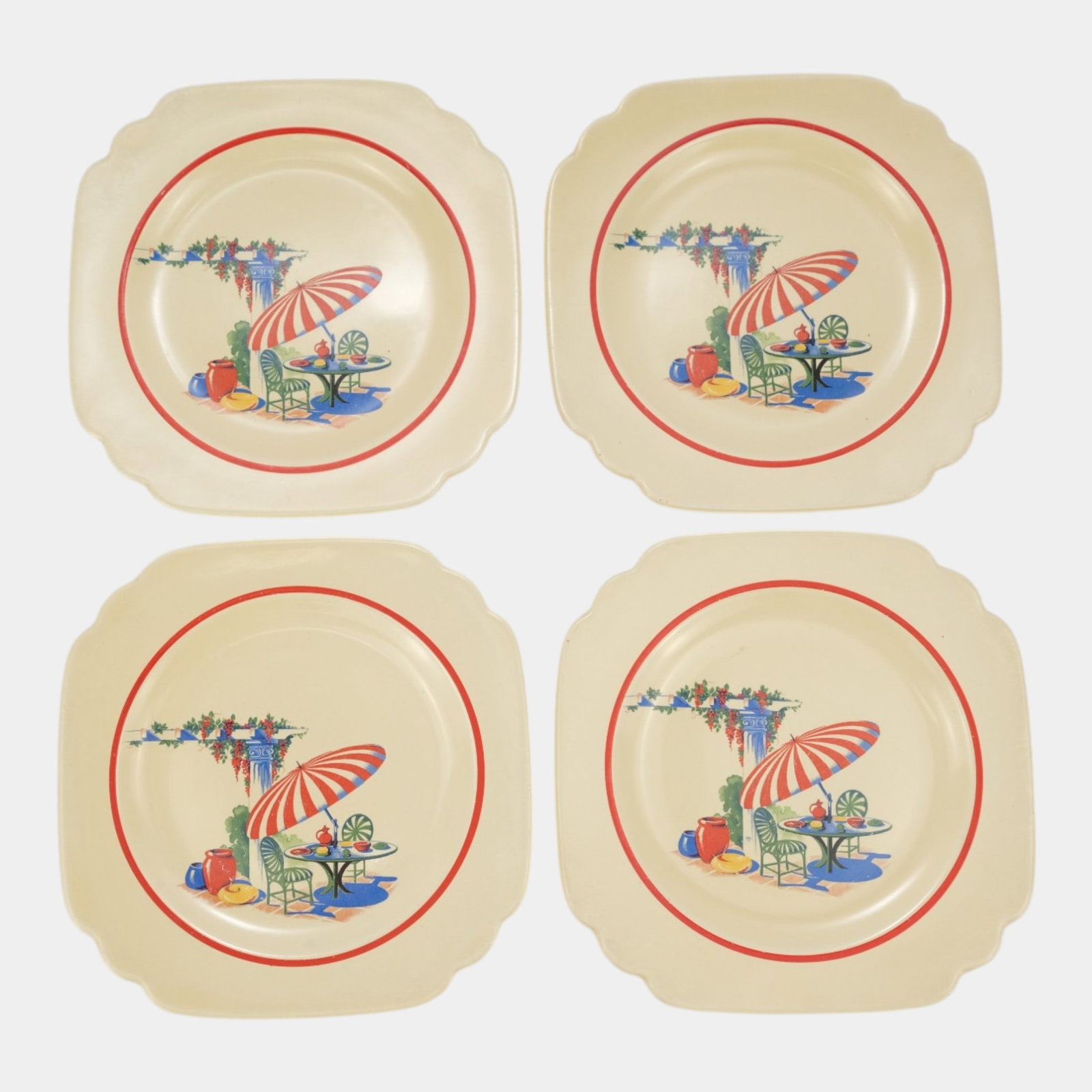 Homer Laughlin 1930s Art Deco White Red Band Sun Porch Pattern Four Bread Plates: Professional, fast, and affordable in house shipping available for all items. For higher resolution images please visit bid.craftedauctions.com Homer Laughlin 1930s Art Deco White Red Band Sun Porch P