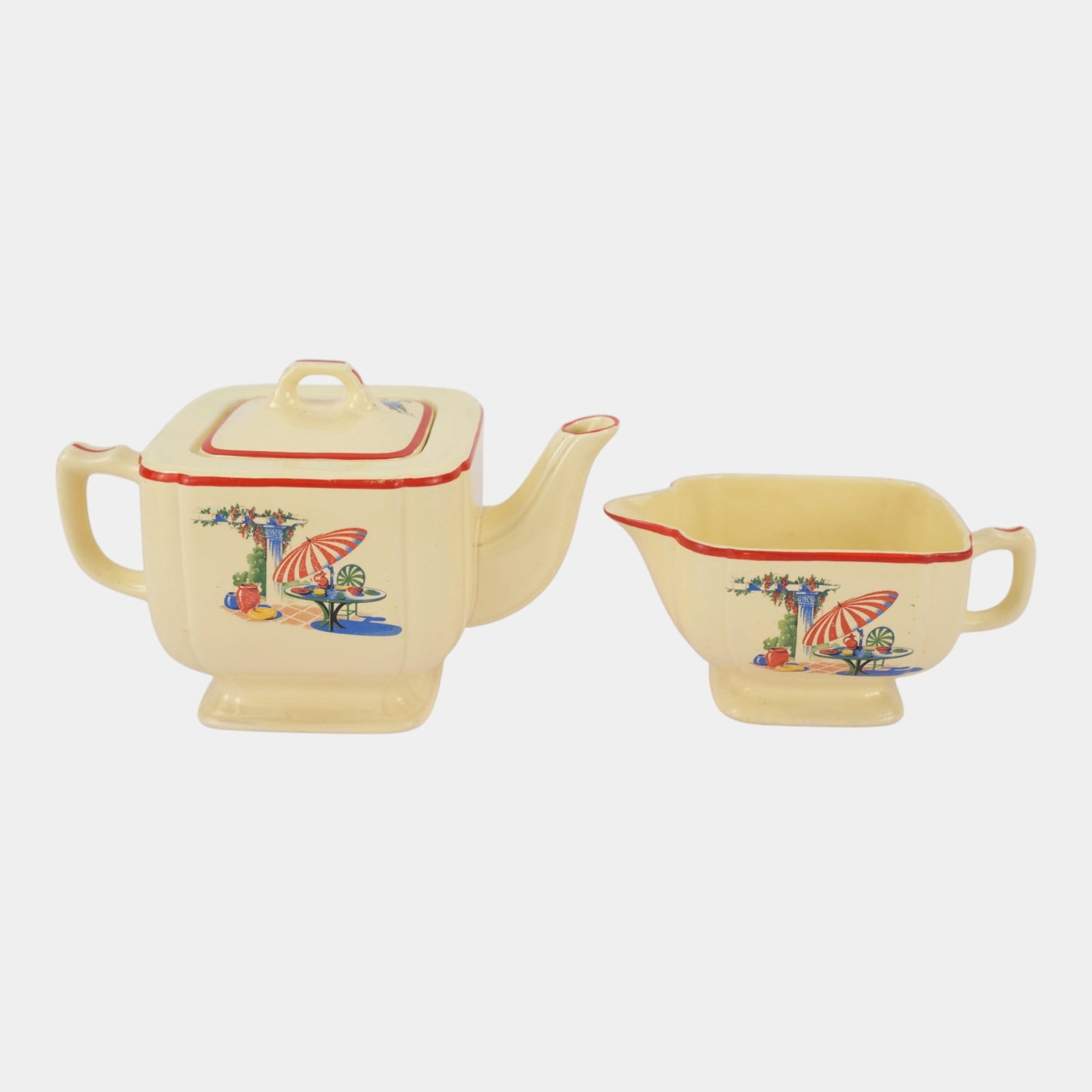 Homer Laughlin 1930s Art Deco White Red Band Sun Porch Pattern Teapot And Creamer: Professional, fast, and affordable in house shipping available for all items. For higher resolution images please visit bid.craftedauctions.com Homer Laughlin 1930s Art Deco White Red Band Sun Porch P