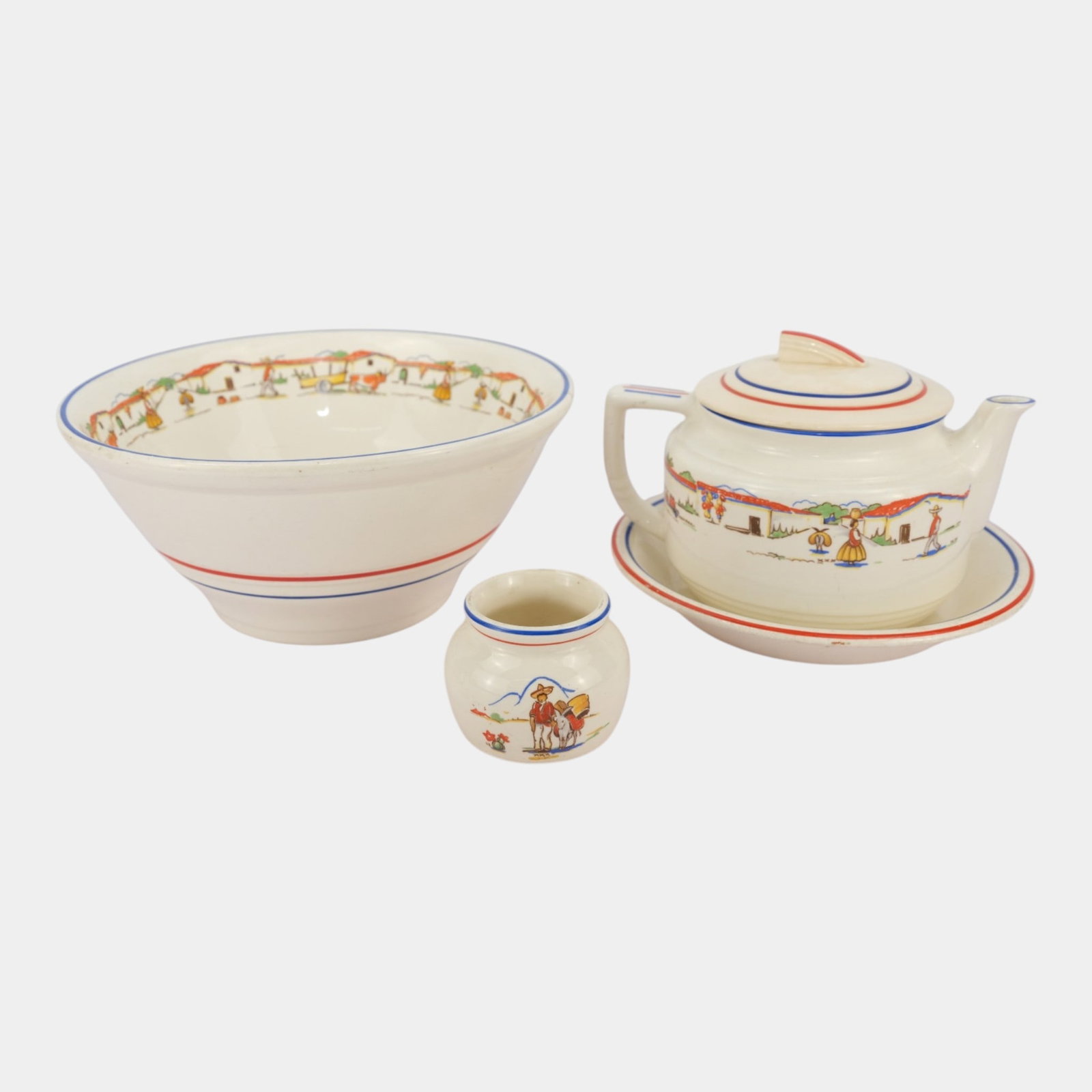 Harker Pottery Co. 1940s Hotoven Mexicana Line Art Deco Sun Dial Teapot, Bowls, Vase: Professional, fast, and affordable in house shipping available for all items. For higher resolution images please visit bid.craftedauctions.com Harker Pottery Co. 1940s Hotoven Mexicana Line Art Deco 
