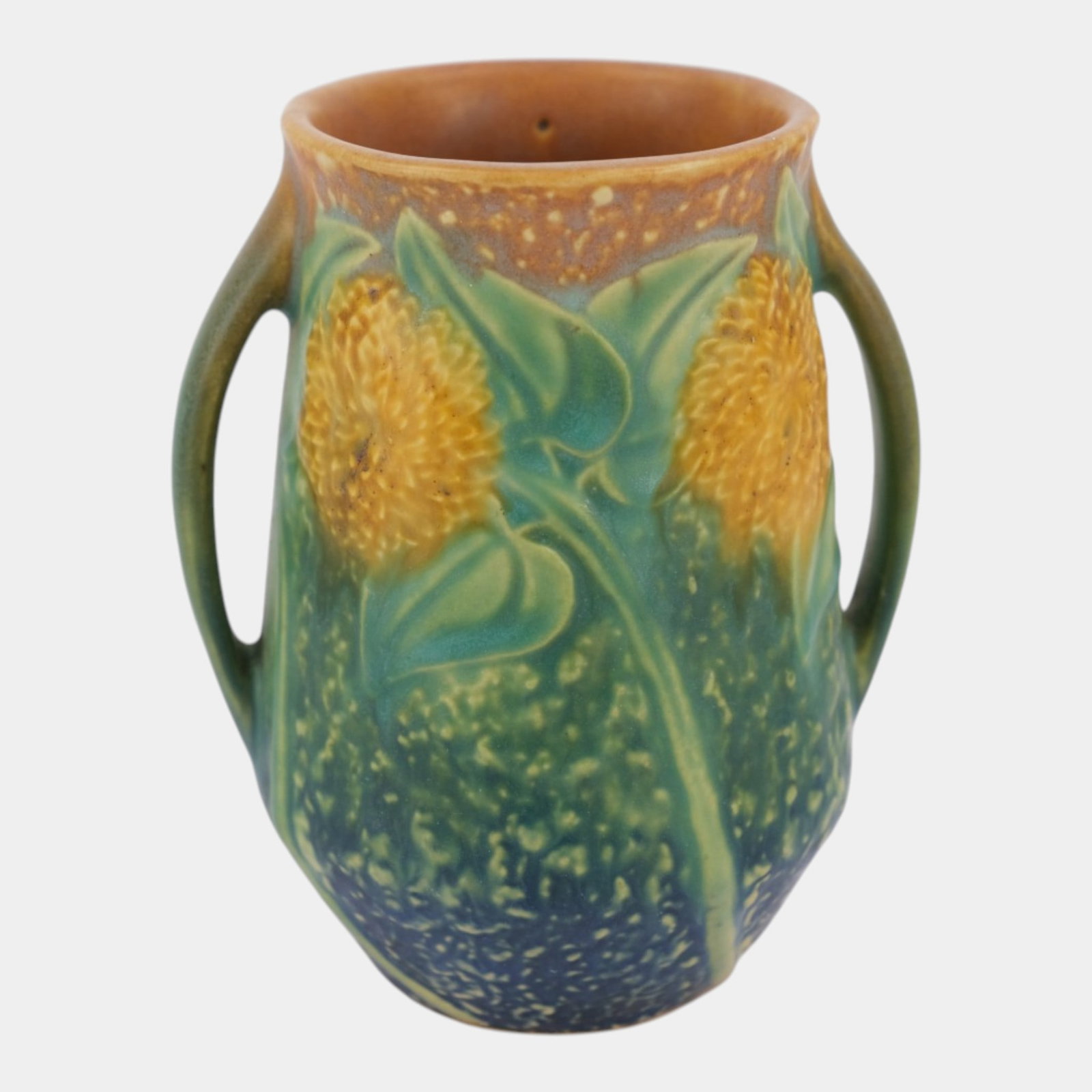 Roseville Sunflower 1930 Vintage Arts And Crafts Pottery Handled Flower Vase: Professional, fast, and affordable in house shipping available for all items. For higher resolution images please visit bid.craftedauctions.com Roseville Sunflower 1930 Vintage Arts And Crafts Pottery