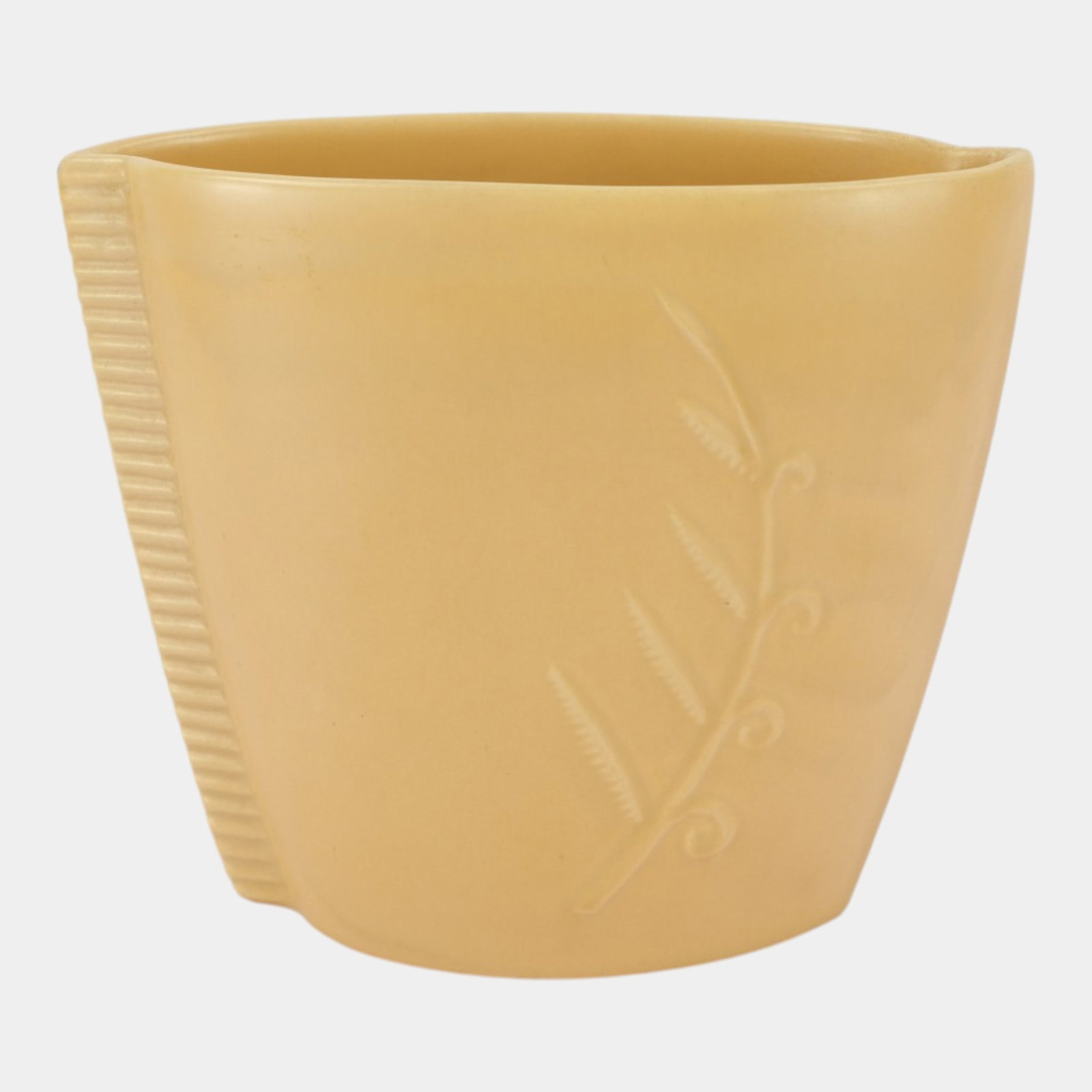Catalina Island Pottery 1930s Matte Yellow Art Deco Fern Decorated Geometric Ceramic Vase: Professional, fast, and affordable in house shipping available for all items. For higher resolution images please visit bid.craftedauctions.com Catalina Island Pottery 1930s Matte Yellow Art Deco Fern