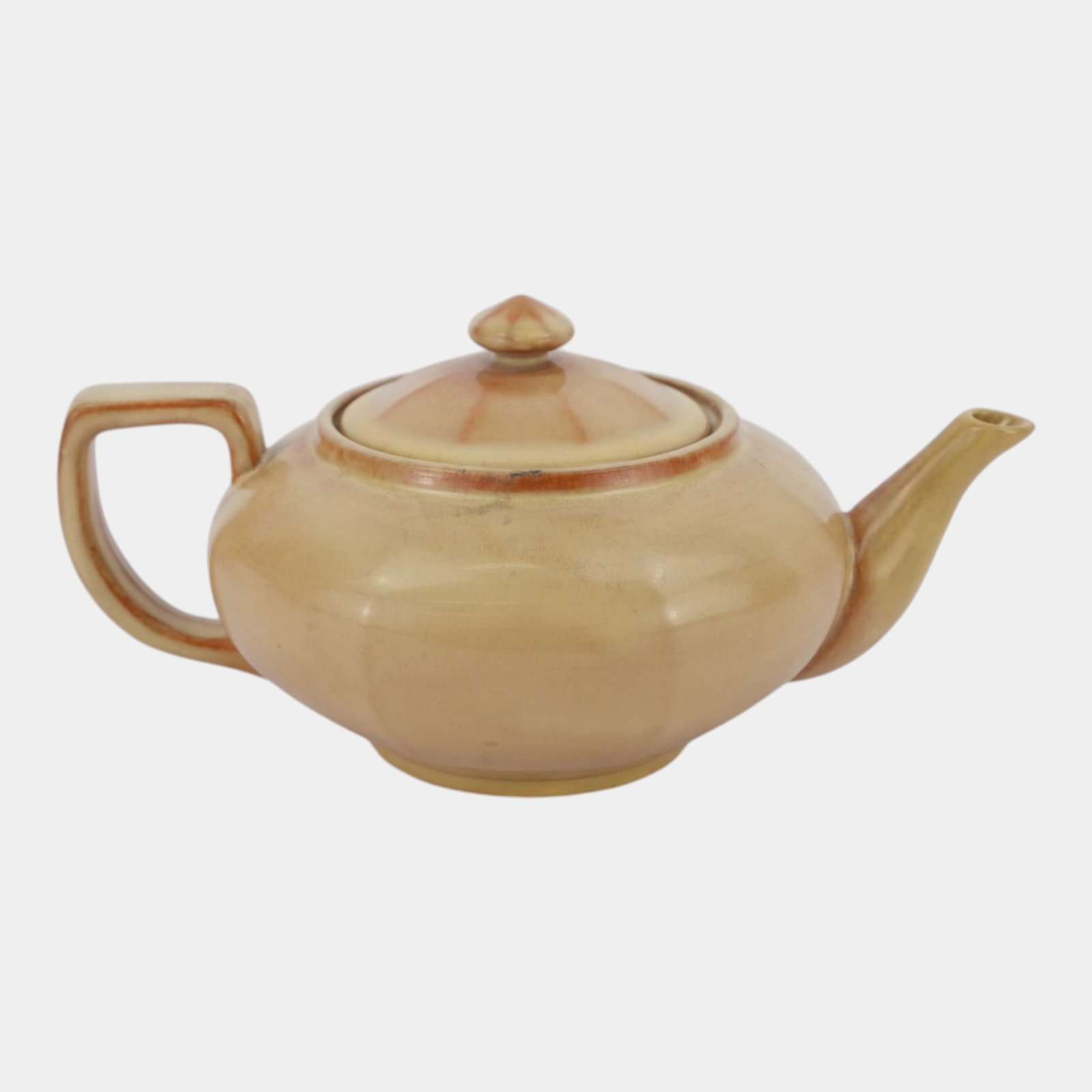 Catalina Island Pottery 1930s Tan Mottled Art Deco Round Ceramic Teapot With Angular Handle: Professional, fast, and affordable in house shipping available for all items. For higher resolution images please visit bid.craftedauctions.com Catalina Island Pottery 1930s Tan Mottled Art Deco Round