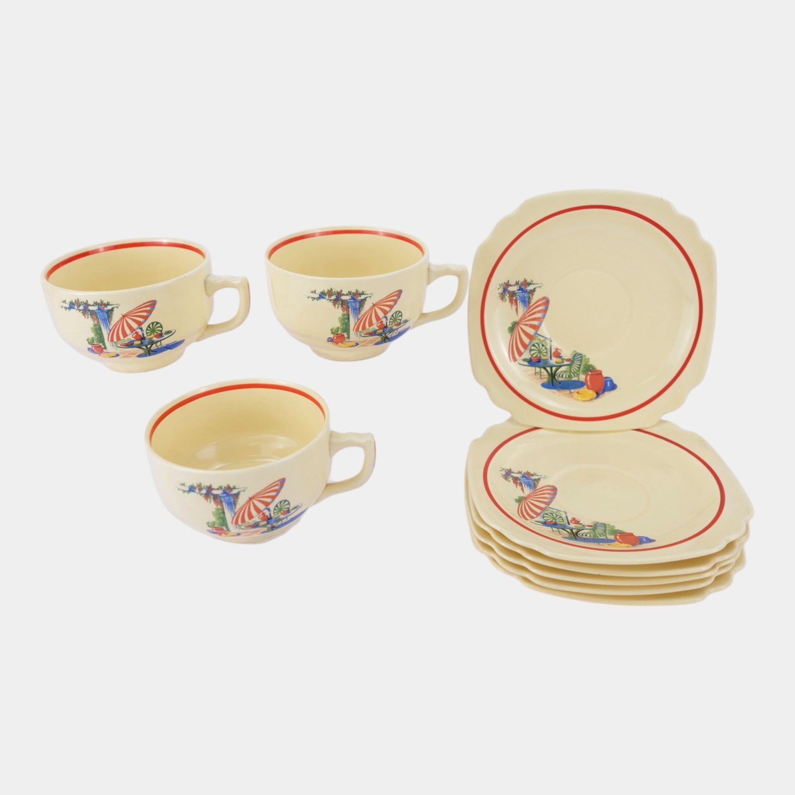 Homer Laughlin 1930s Art Deco White Red Band Sun Porch Pattern Teacups & Saucers: Professional, fast, and affordable in house shipping available for all items. For higher resolution images please visit bid.craftedauctions.com Homer Laughlin 1930s Art Deco White Red Band Sun Porch P