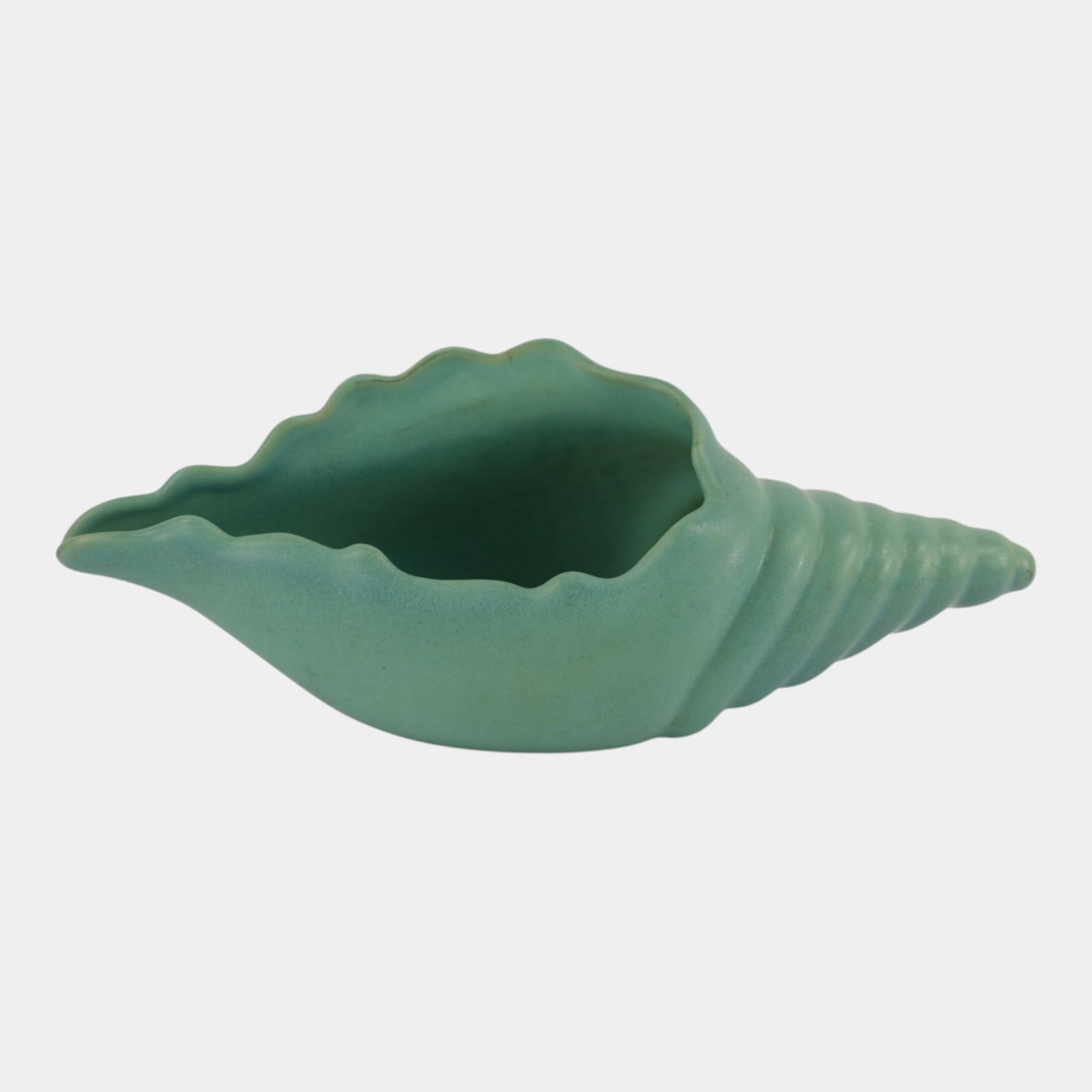 Van Briggle Matte Green Large 13" Conch Shell Art Pottery Cabinet Vase Planter: Professional, fast, and affordable in house shipping available for all items. For higher resolution images please visit bid.craftedauctions.com Van Briggle Matte Green Large 13" Conch Shell Art Potter