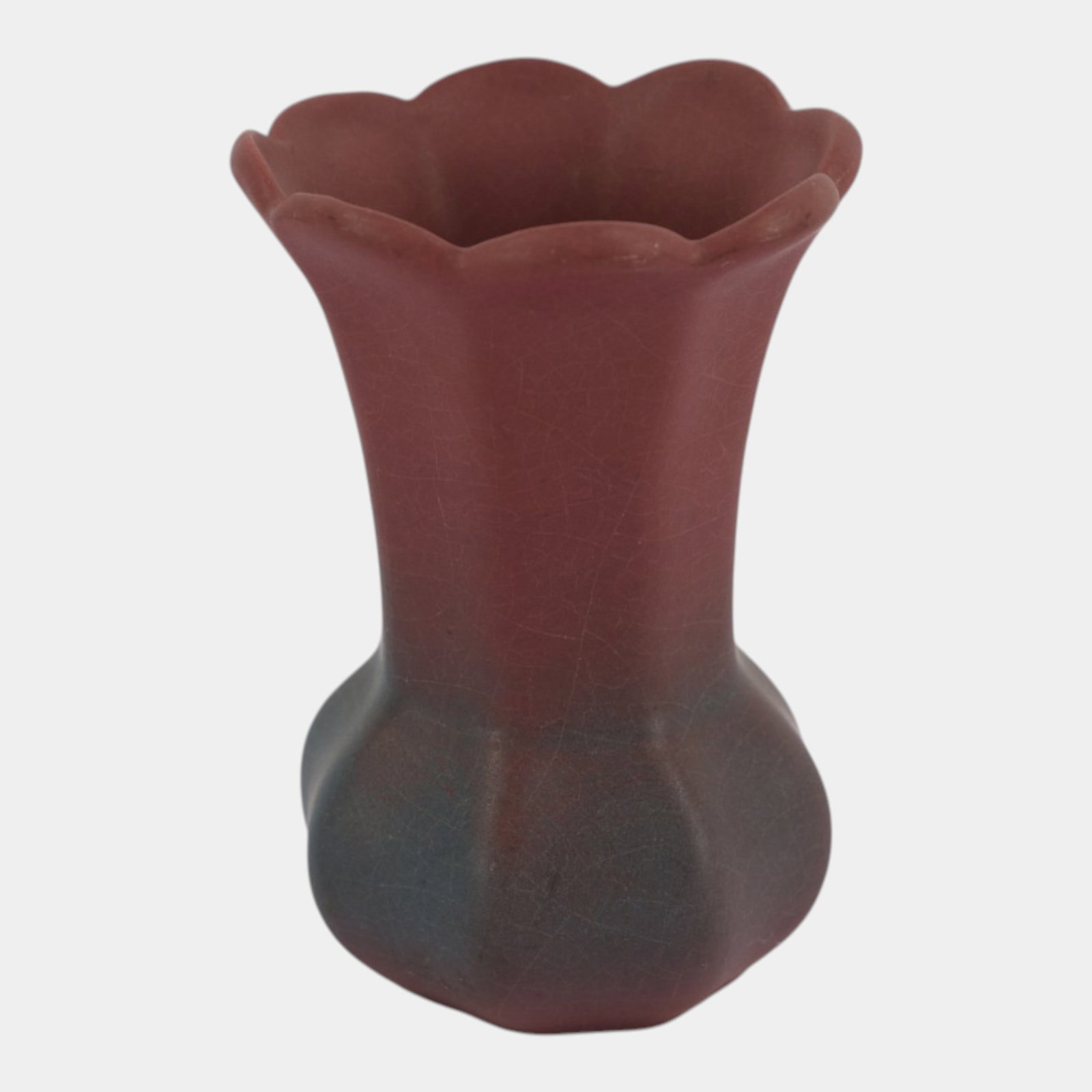 Van Briggle Mid Century Modern Matte Mulberry Scalloped Floral Art Pottery Cabinet Vase: Professional, fast, and affordable in house shipping available for all items. For higher resolution images please visit bid.craftedauctions.com Van Briggle Mid Century Modern Matte Mulberry Scalloped 