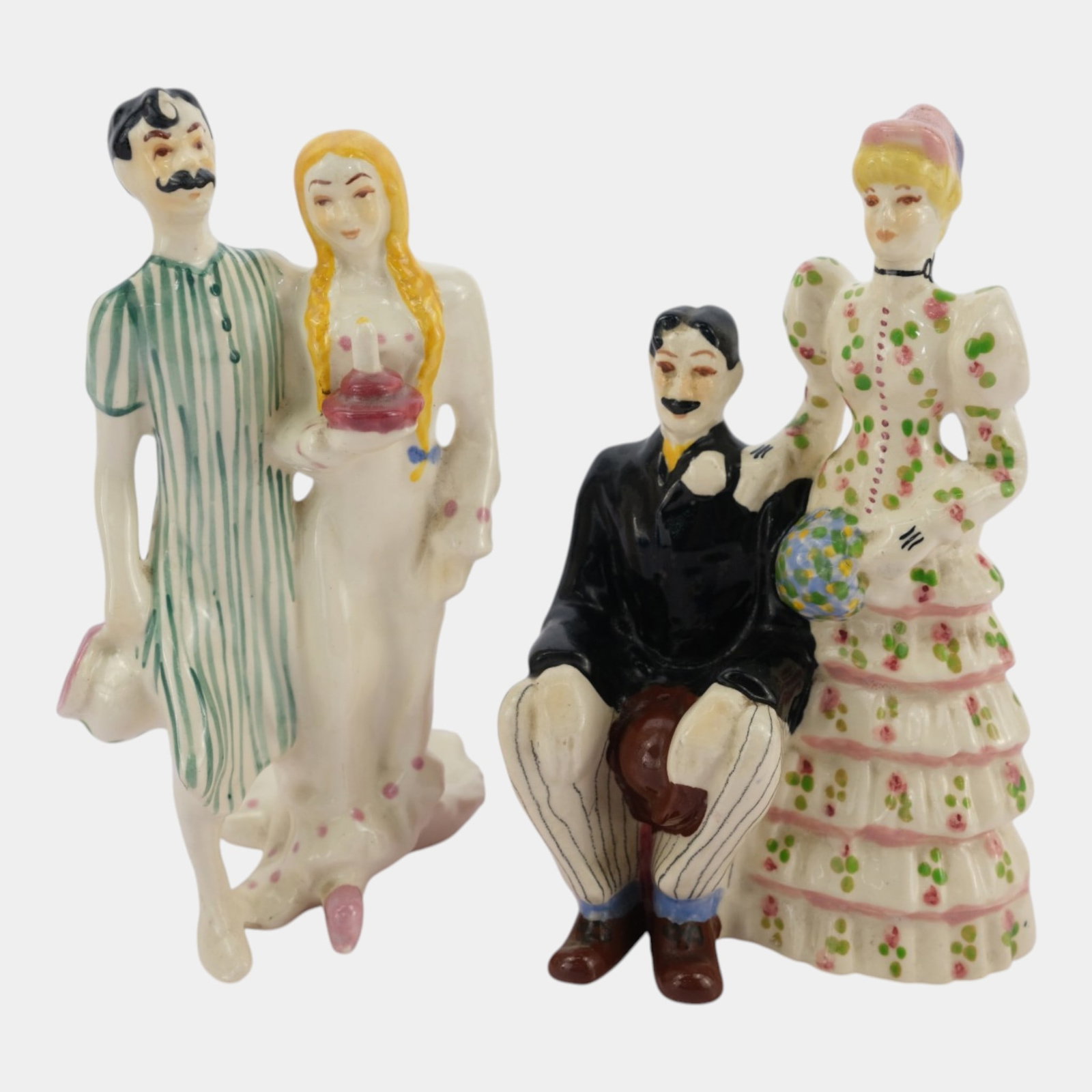 Brayton Laguna California "Gay Nineties" Figural Pottery Man & Woman Couples Figurines: Professional, fast, and affordable in house shipping available for all items. For higher resolution images please visit bid.craftedauctions.com Brayton Laguna California "Gay Nineties" Figural Pottery