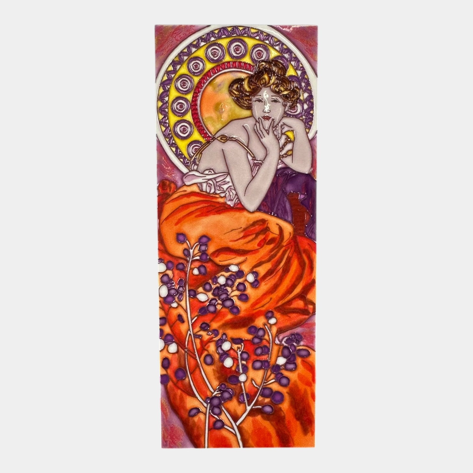 After Alphonse Mucha Art Nouveau Maiden With Grapes Studio Art Pottery 15" Tall Tile (1 of 2)