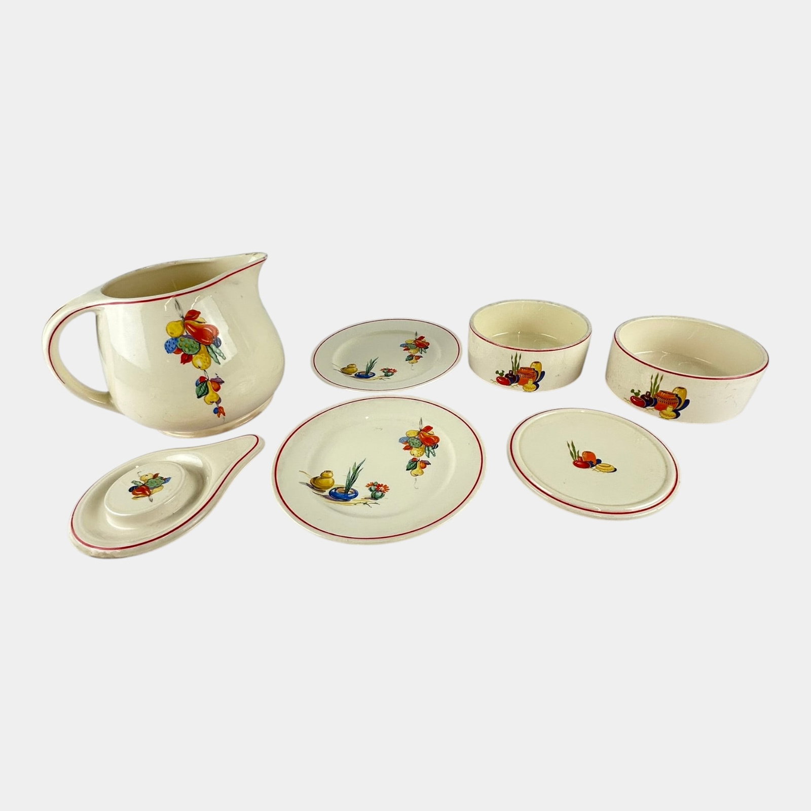 Homer Laughlin Co Kitchen Kraft 1930s Red Band Accented Mexicana Pitcher Stacked Bowls Plates (1 of 5)