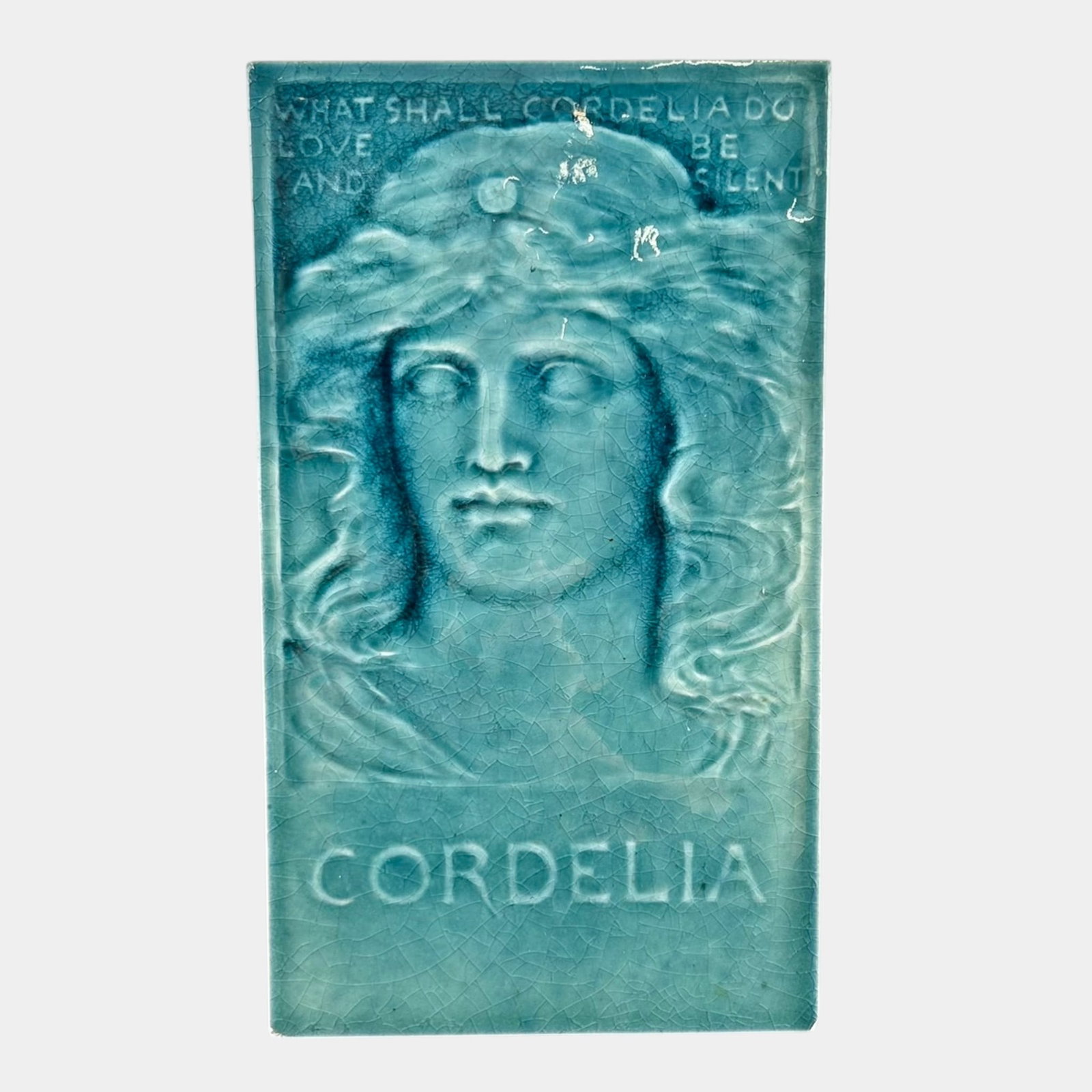 J.G & J.F. Low Art Tile Works 1885 Art Pottery Blue Majolica Shakespeare's Cordelia Portrait Tile (1 of 2)
