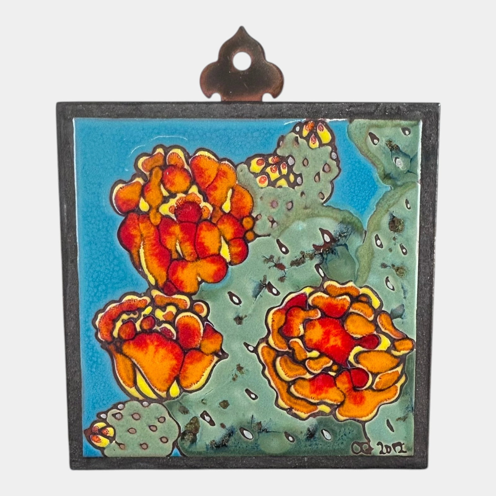 Carly Quinn Designs 2012 Orange Cactus Blossom Tile Wall Plaque In Metal Frame: Professional, fast, and affordable in house shipping available for all items. For higher resolution images please visit bid.craftedauctions.com Carly Quinn Designs 2012 Orange Cactus Blossom Tile Wall